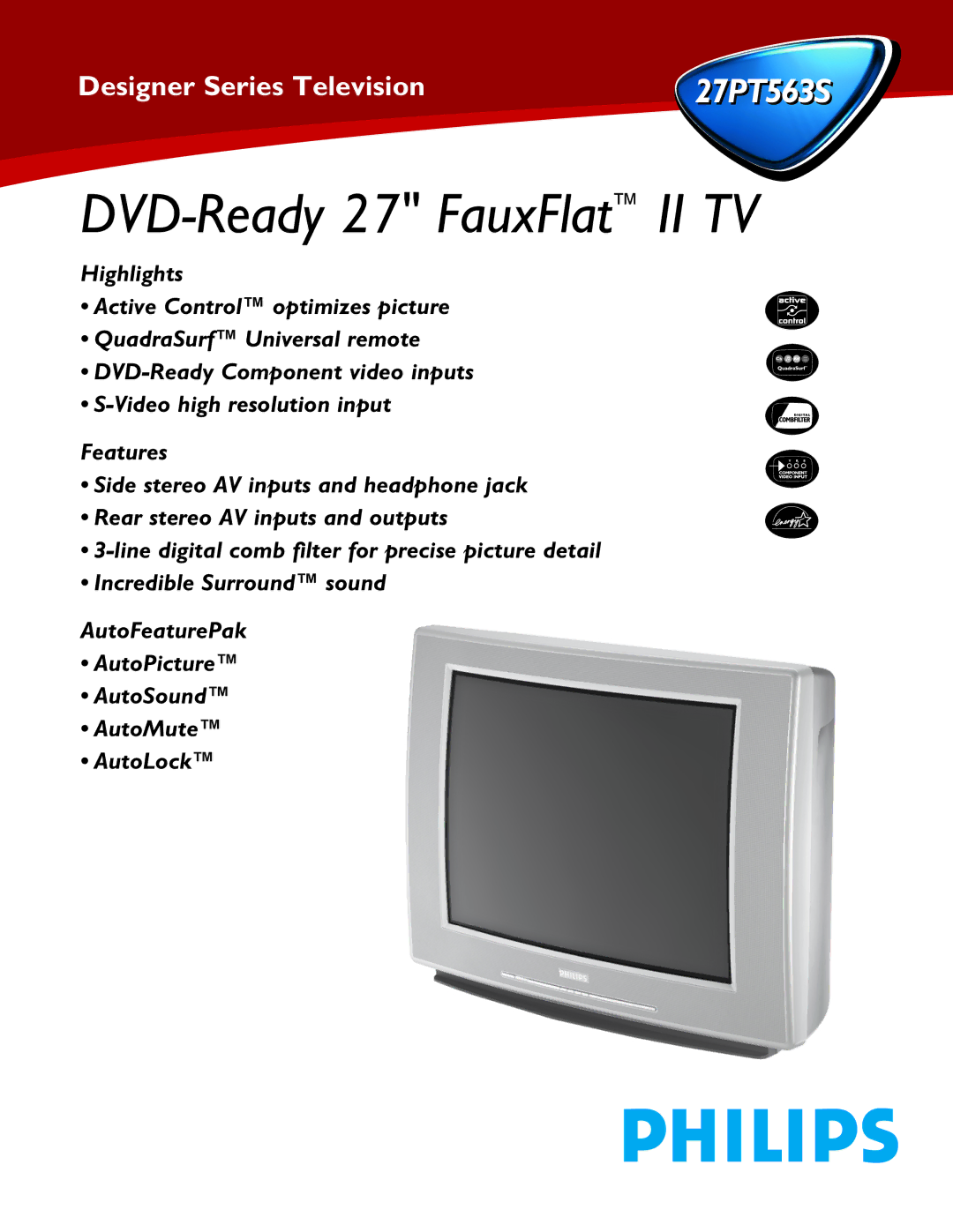 Philips 27PT563S manual DVD-Ready 27 FauxFlat II TV 