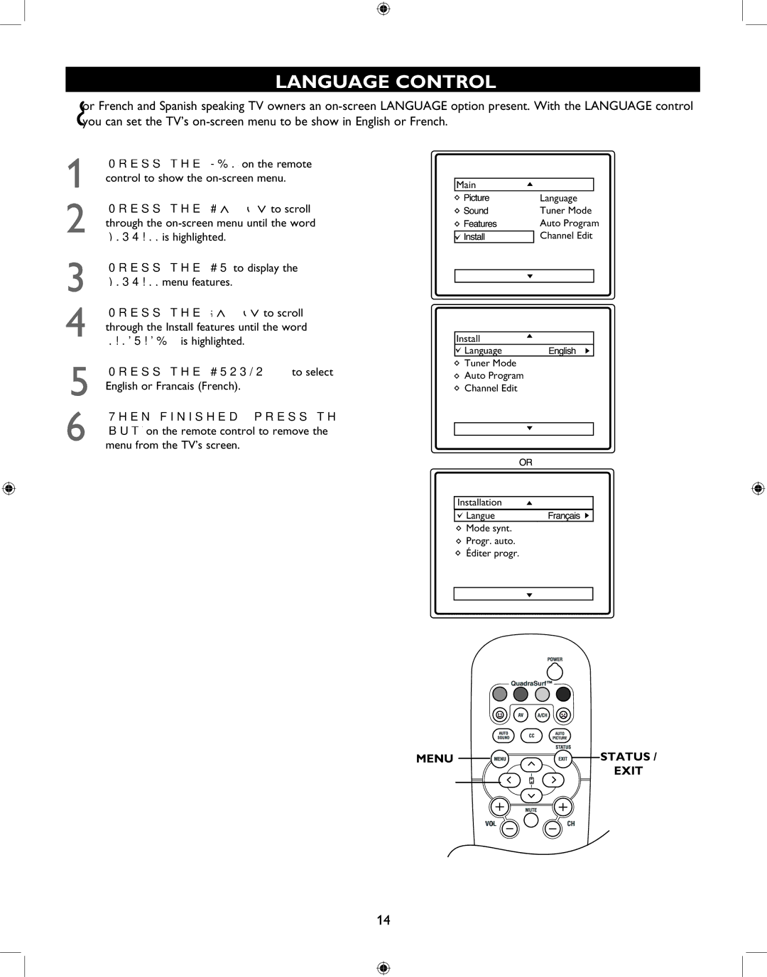 Philips 27PT6341 user manual Language Control, When finished, press the Status / Exit 