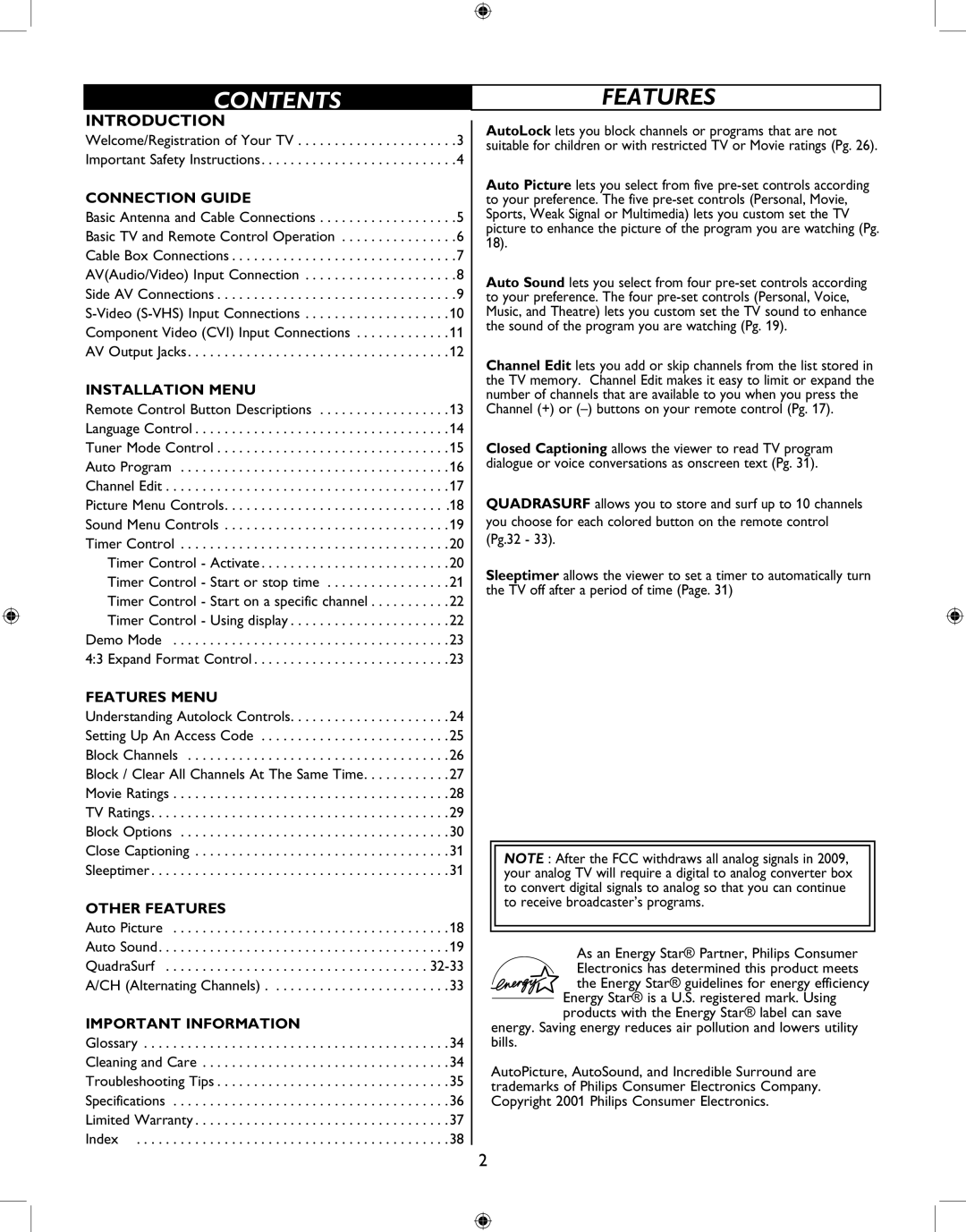 Philips 27PT6341 user manual Contents 