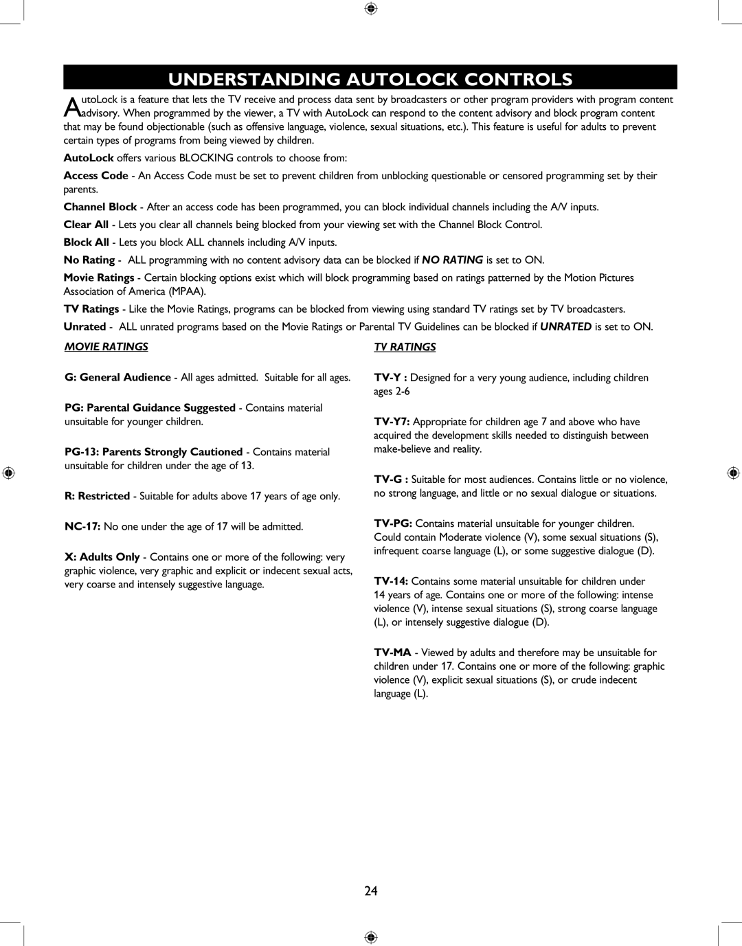 Philips 27PT6341 user manual Understanding Autolock Controls, PG Parental Guidance Suggested Contains material 