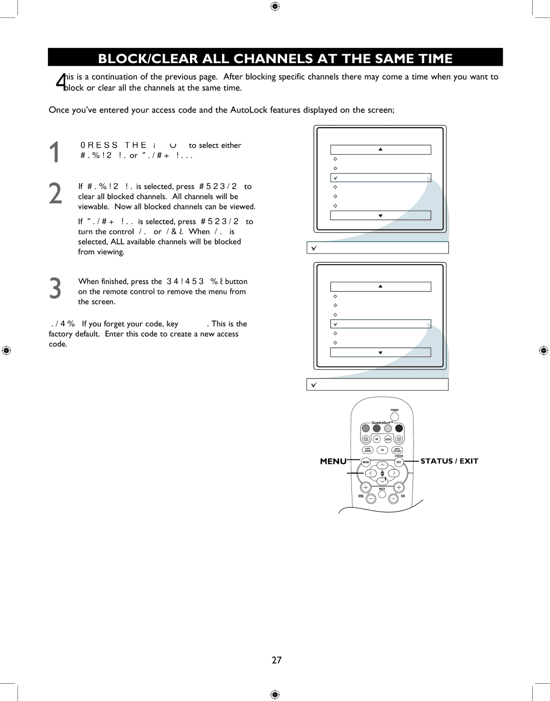 Philips 27PT6341 BLOCK/CLEAR ALL Channels AT the Same Time, Press the Cursor or to select either Clear ALL or Block ALL 