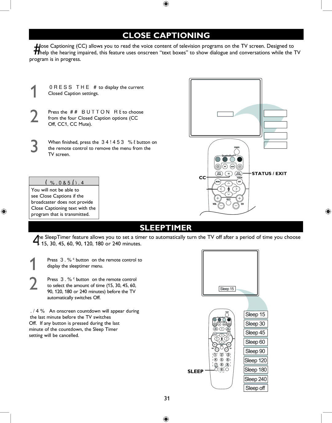 Philips 27PT6341 user manual Close Captioning, Sleeptimer 