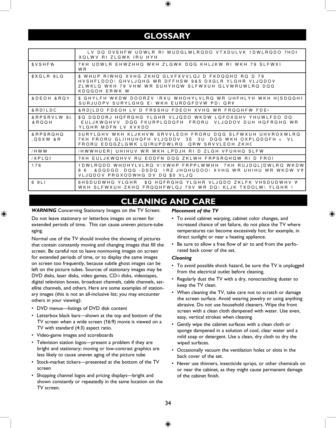 Philips 27PT6341 user manual Glossary, Cleaning and Care 