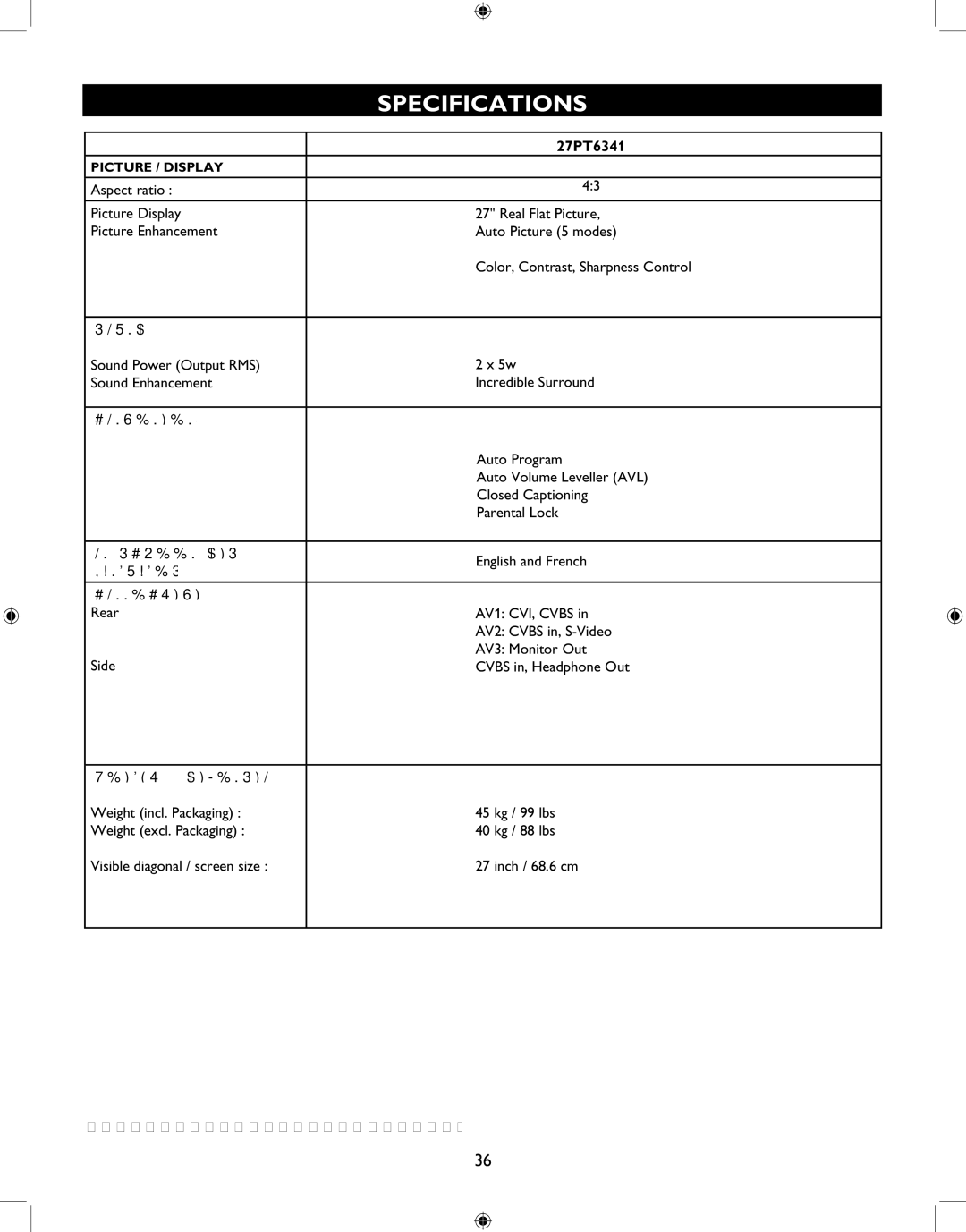 Philips 27PT6341 user manual Specifications 