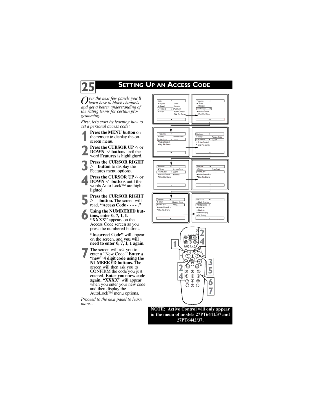 Philips 27PT5441/37, 27PT6442/37, 27PT6441/37 user manual Setting UP AN Access Code, Proceed to the next panel to learn More 