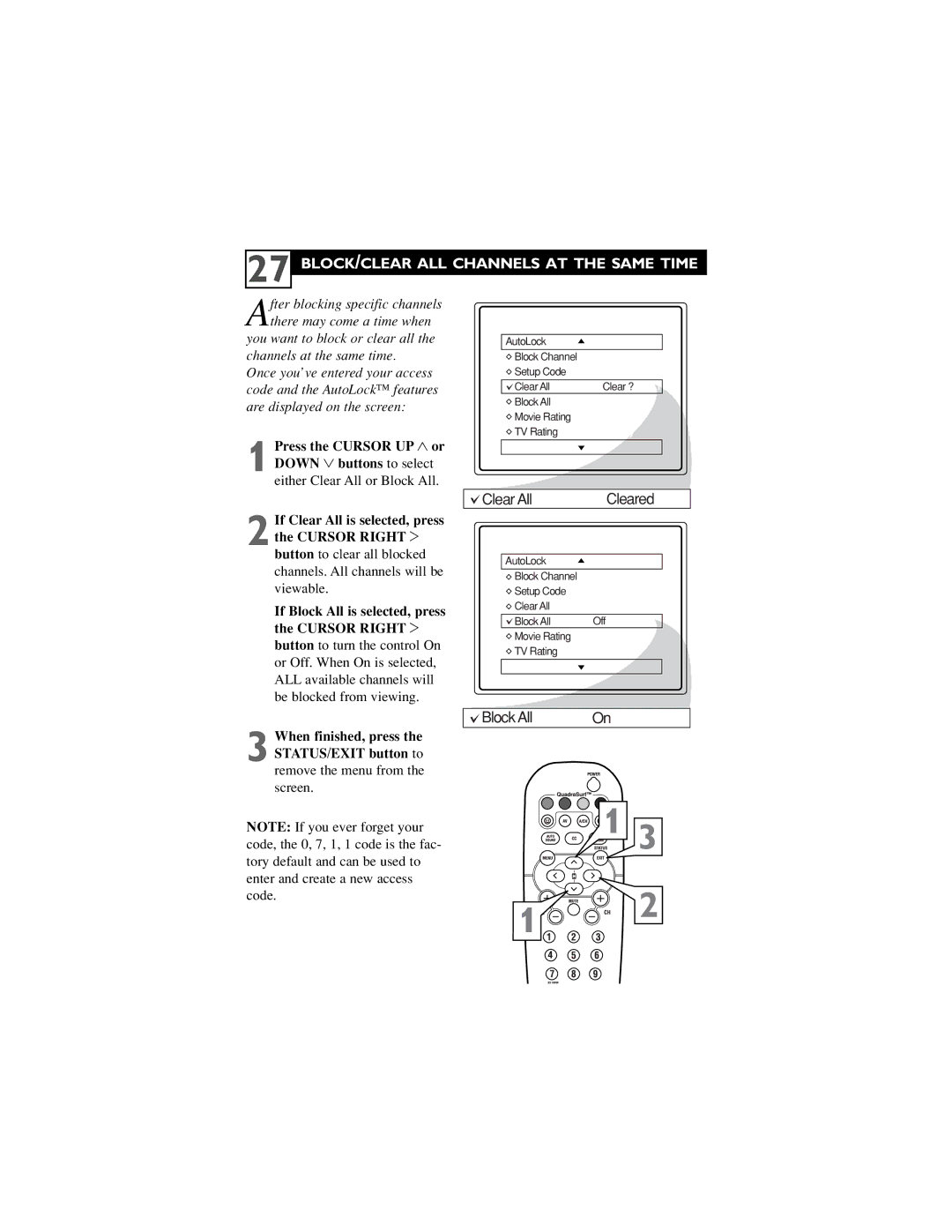 Philips 32PT5441/37, 27PT6442/37, 27PT6441/37, 27PT5441/37, 24ST2200/27 user manual BLOCK/CLEAR ALL Channels AT the Same Time 