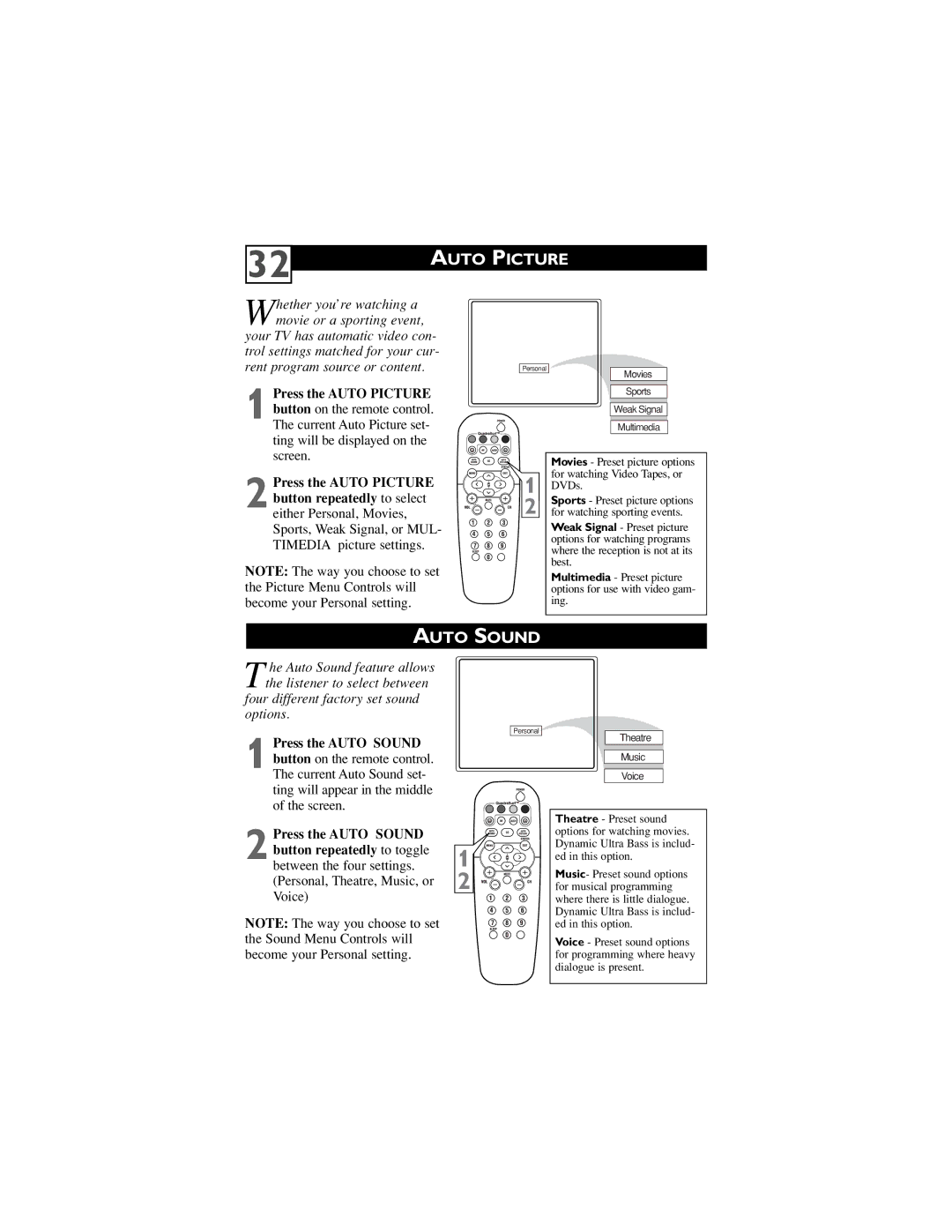 Philips 32PT5441/37, 27PT6442/37, 27PT6441/37, 27PT5441/37, 24ST2200/27 user manual Auto Picture, Auto Sound 