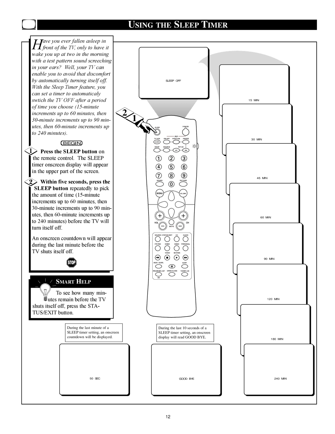 Philips 27PT71B1 manual Using the Sleep Timer, 60 MIN 