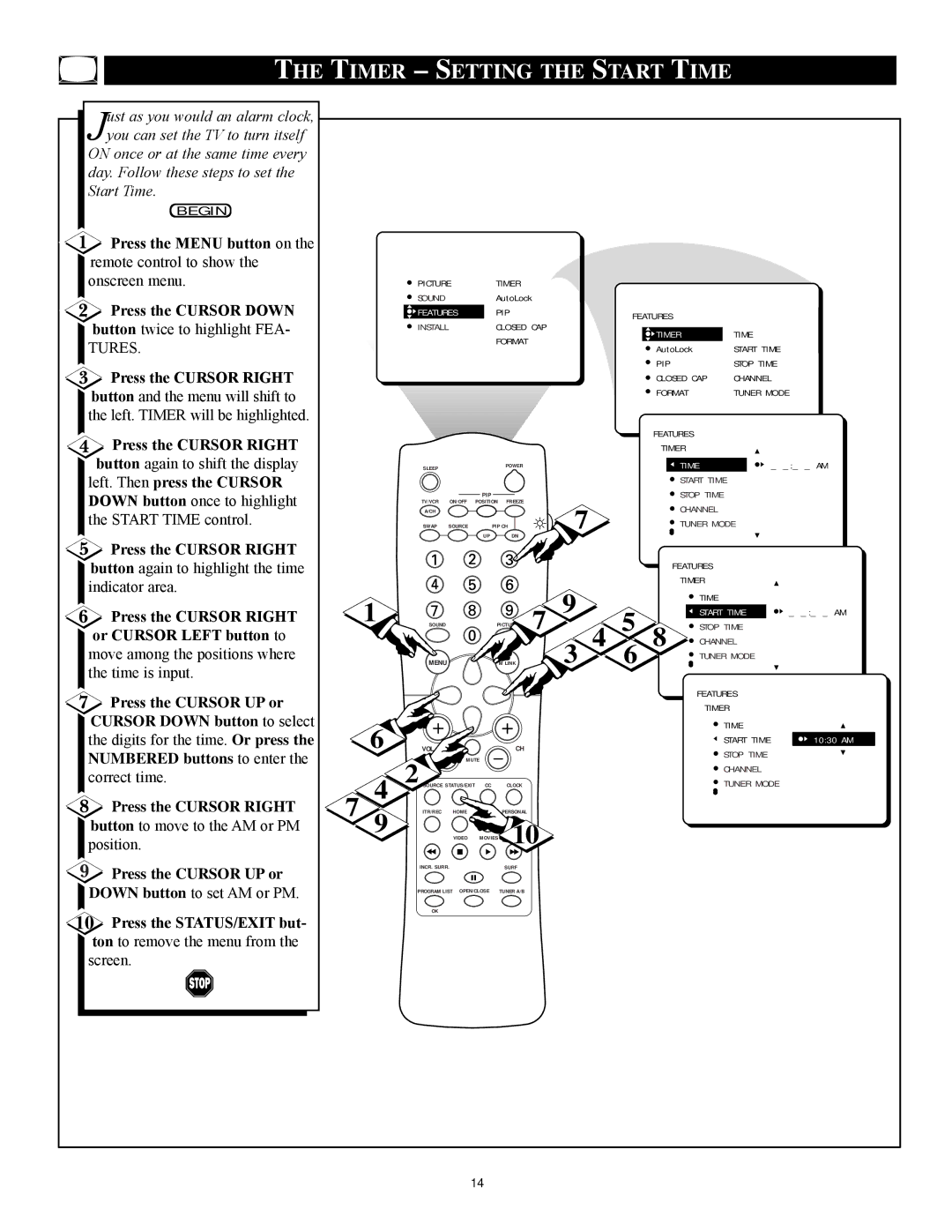 Philips 27PT71B1 manual Timer Setting the Start Time, Left. Then press the Cursor, Or Cursor Left button to 