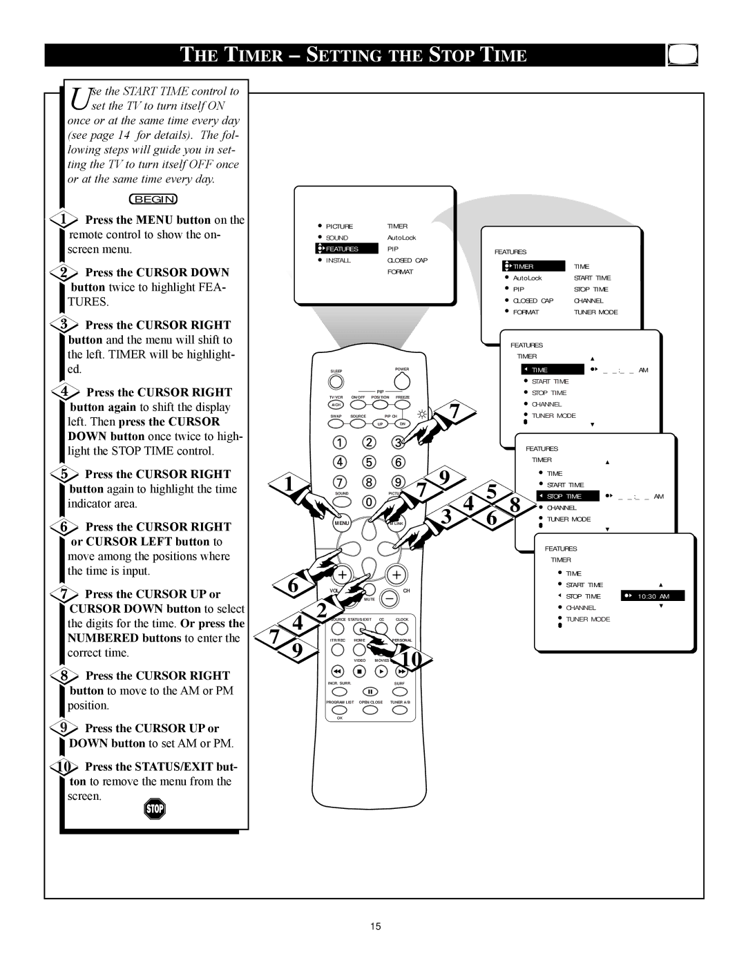 Philips 27PT71B1 manual Timer Setting the Stop Time 