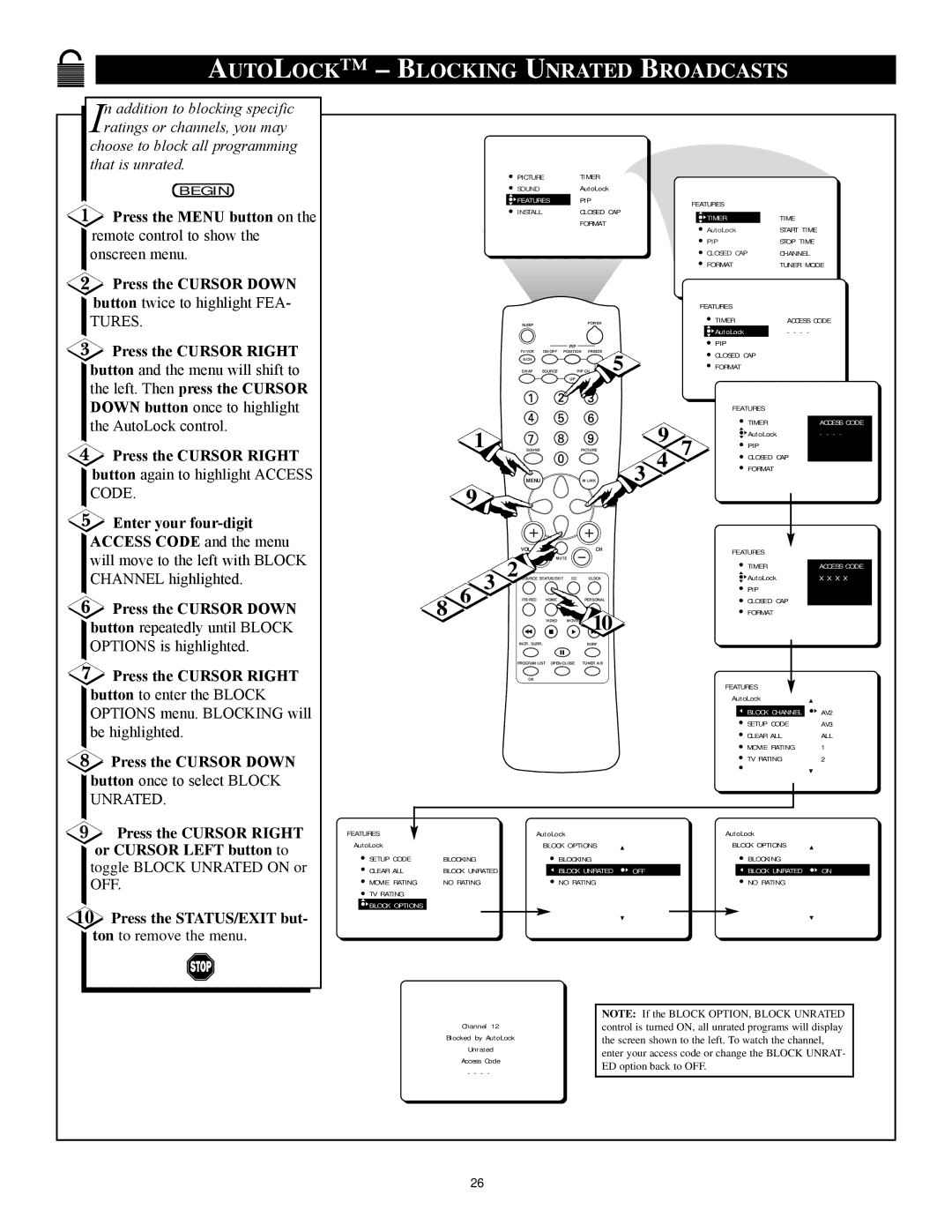 Philips 27PT71B1 manual Autolock Blocking Unrated Broadcasts, Enter your four-digit Access Code and the menu 