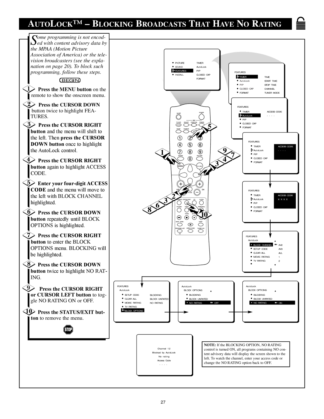 Philips 27PT71B1 manual Autolock Blocking Broadcasts That have no Rating, Enter your four-digit Access 