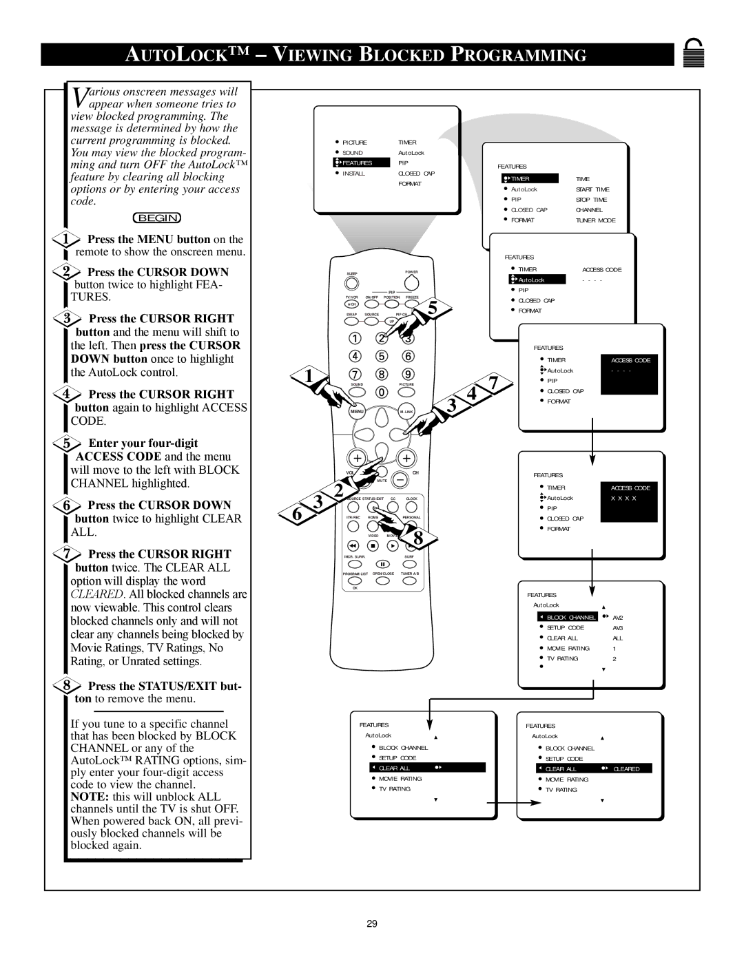 Philips 27PT71B1 manual Auto Lock Viewing Blocked Programming, Enter your four-digit Access Code and the menu 