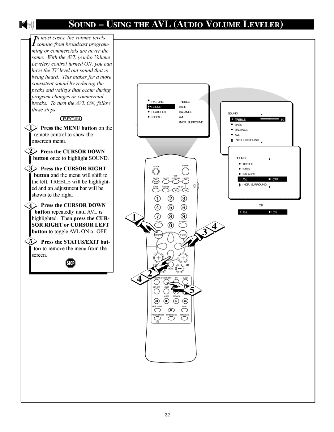 Philips 27PT71B1 manual Sound Using the AVL Audio Volume Leveler, SOR Right or Cursor Left 