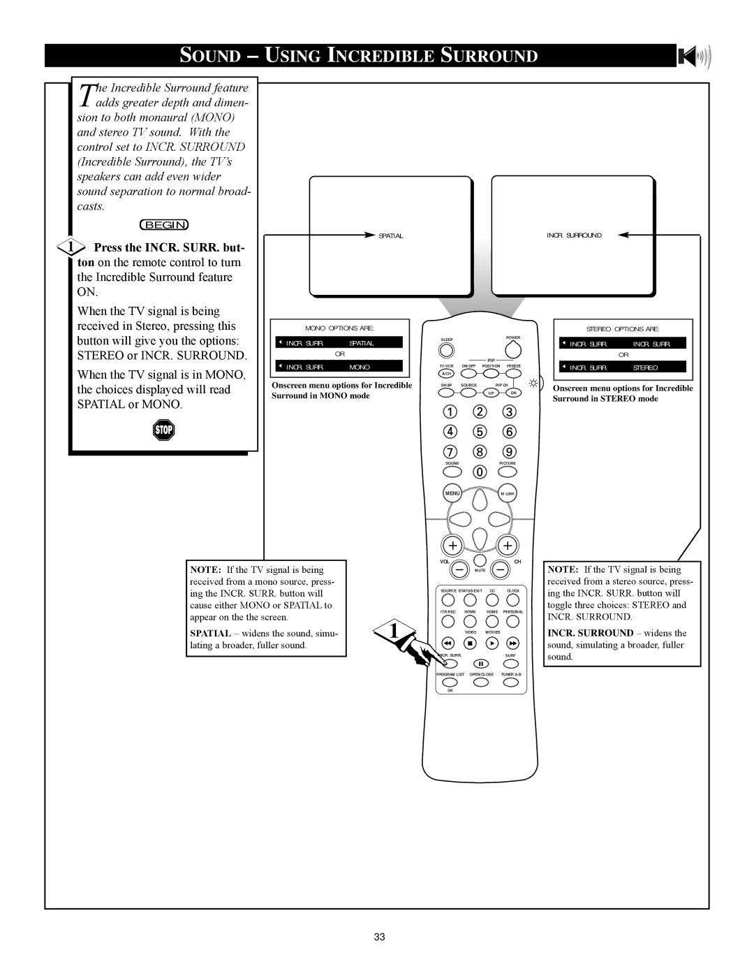 Philips 27PT71B1 manual Sound Using Incredible Surround, Press the INCR. SURR. but 