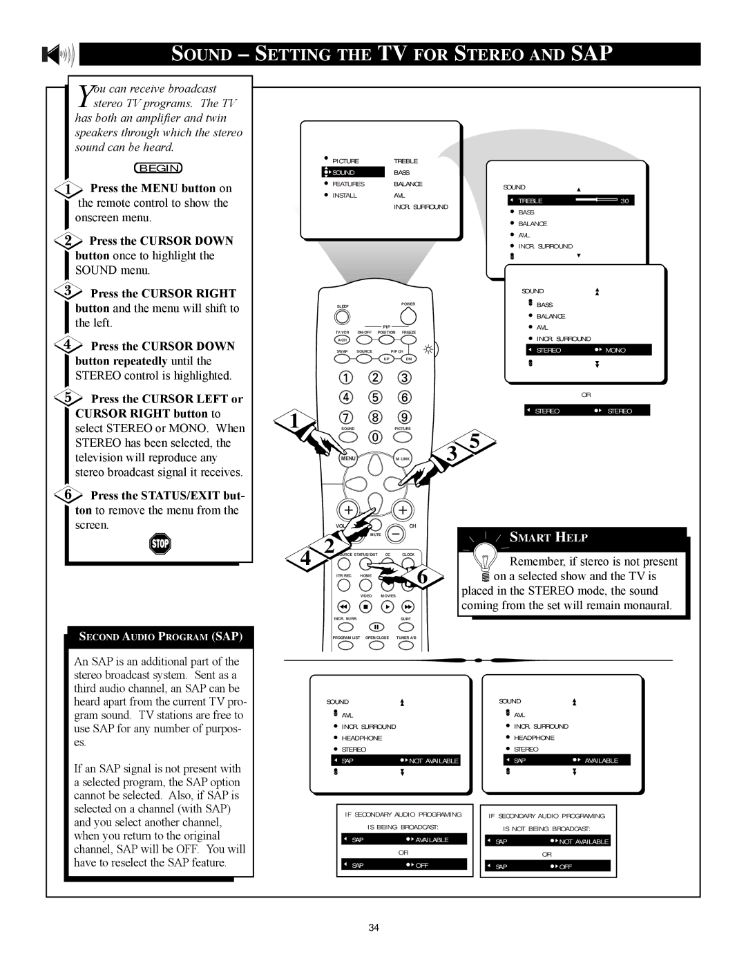 Philips 27PT71B1 manual Sound Setting the TV for Stereo and SAP, Press the Cursor Left or 