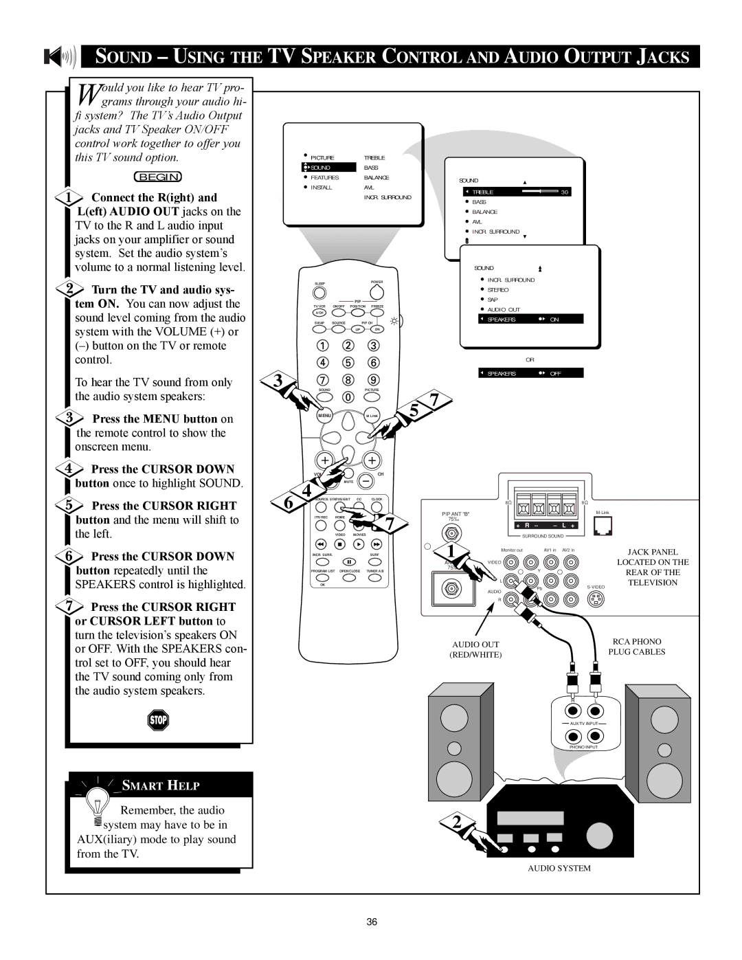 Philips 27PT71B1 manual Sound Using the TV Speaker Control and Audio Output Jacks, Speakers 