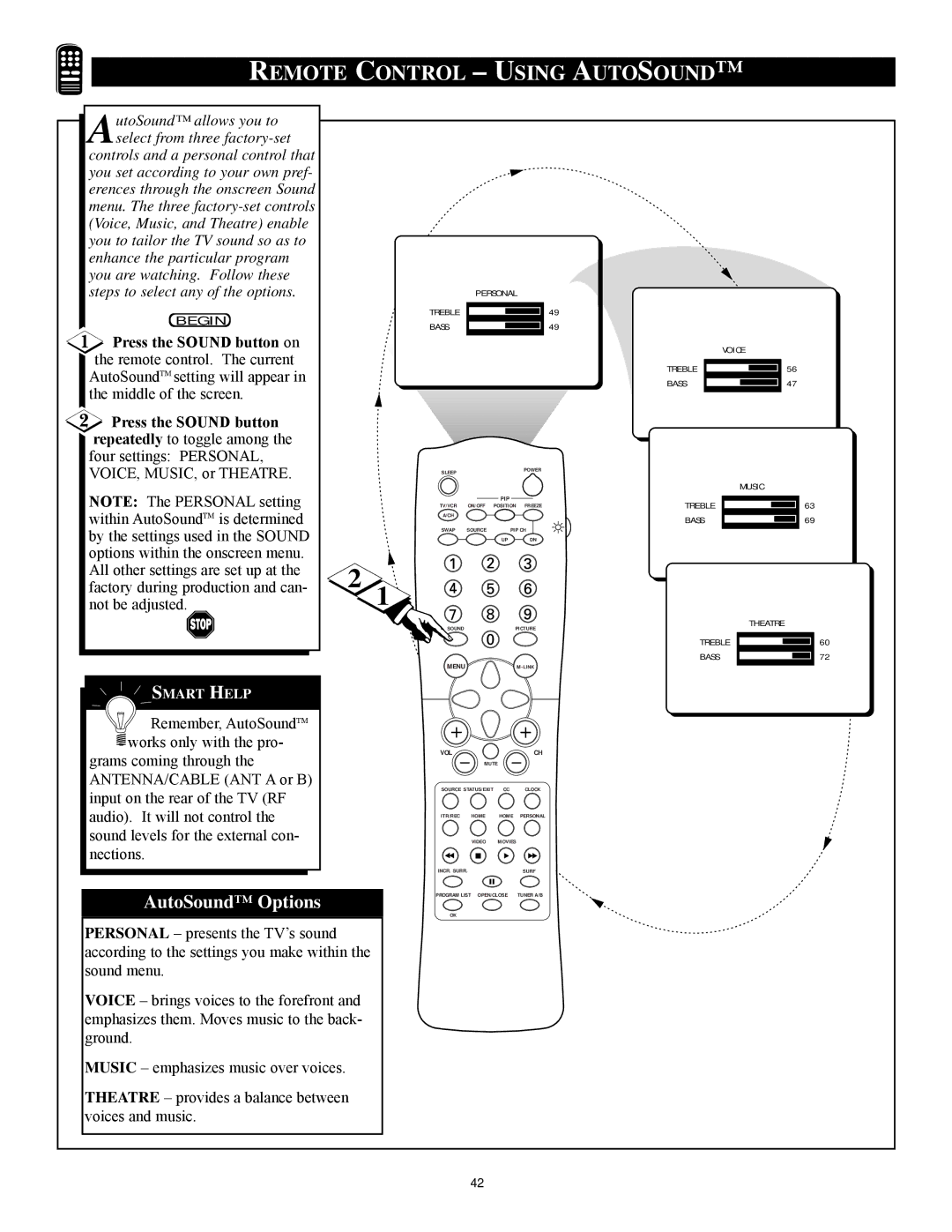 Philips 27PT71B1 manual Remote Control Using Autosound, Press the Sound button on 