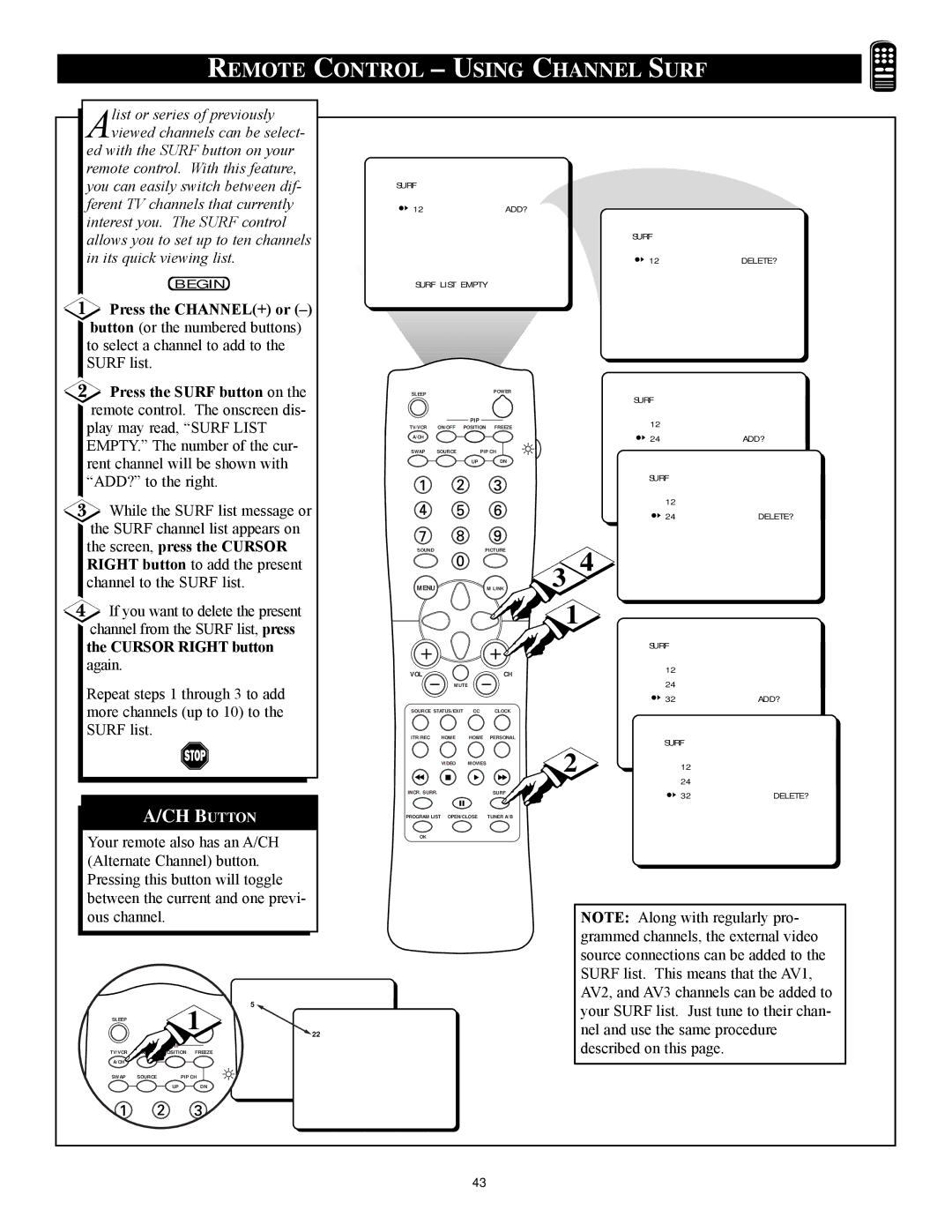 Philips 27PT71B1 Remote Control Using Channel Surf, Press the CHANNEL+ or Ð, Press the Surf button on, Cursor Right button 