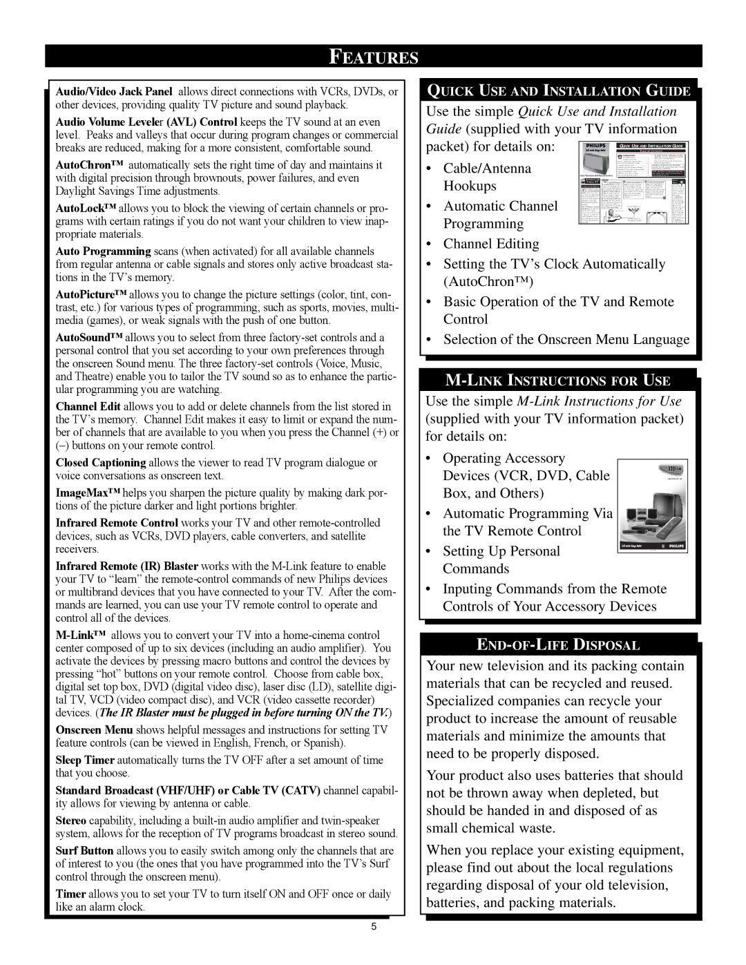 Philips 27PT71B1 manual Features, Ity allows for viewing by antenna or cable 