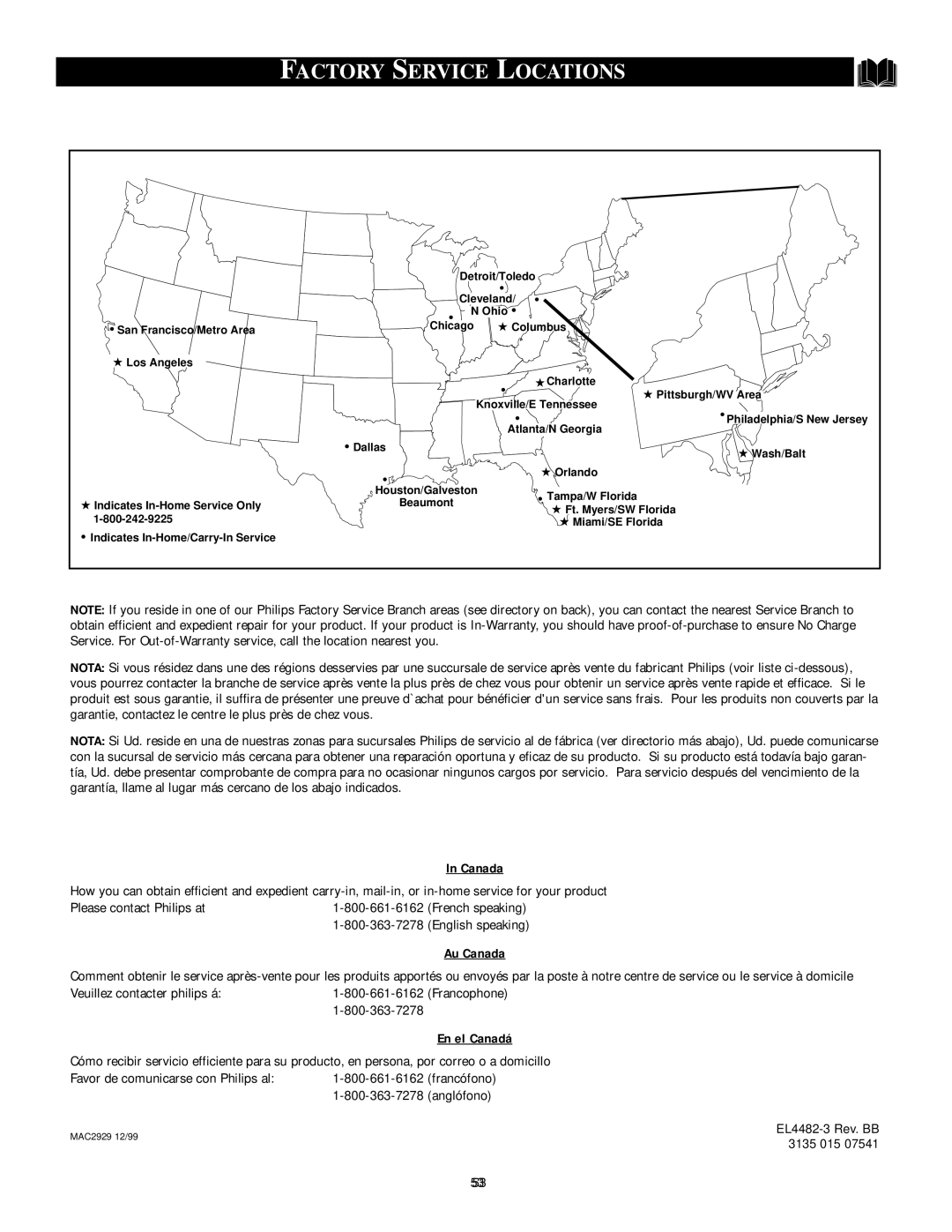 Philips 27PT71B1 manual Factory Service Locations, Canada 