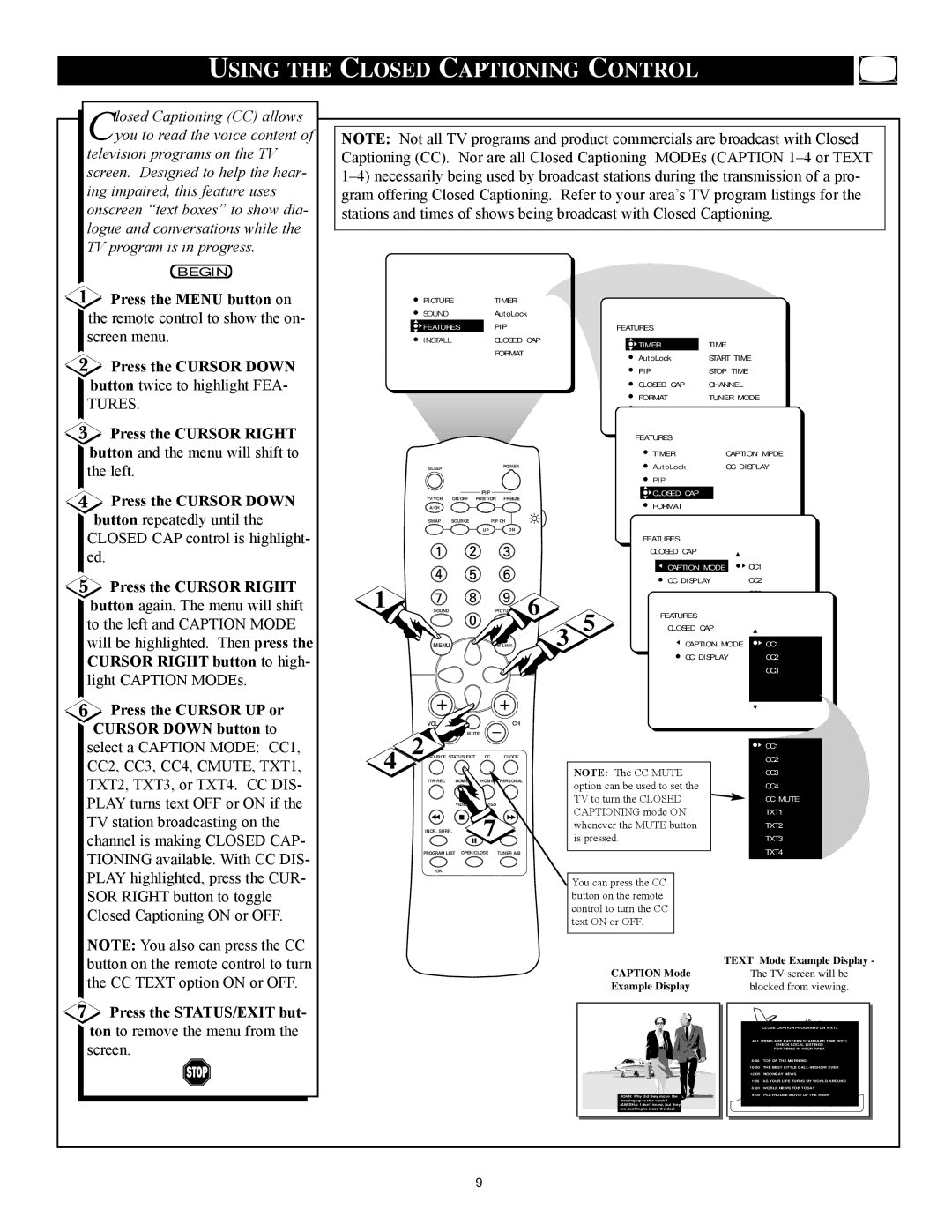 Philips 27PT71B1 manual Using the Closed Captioning Control, Press the Cursor Down, Cursor Right button to high 