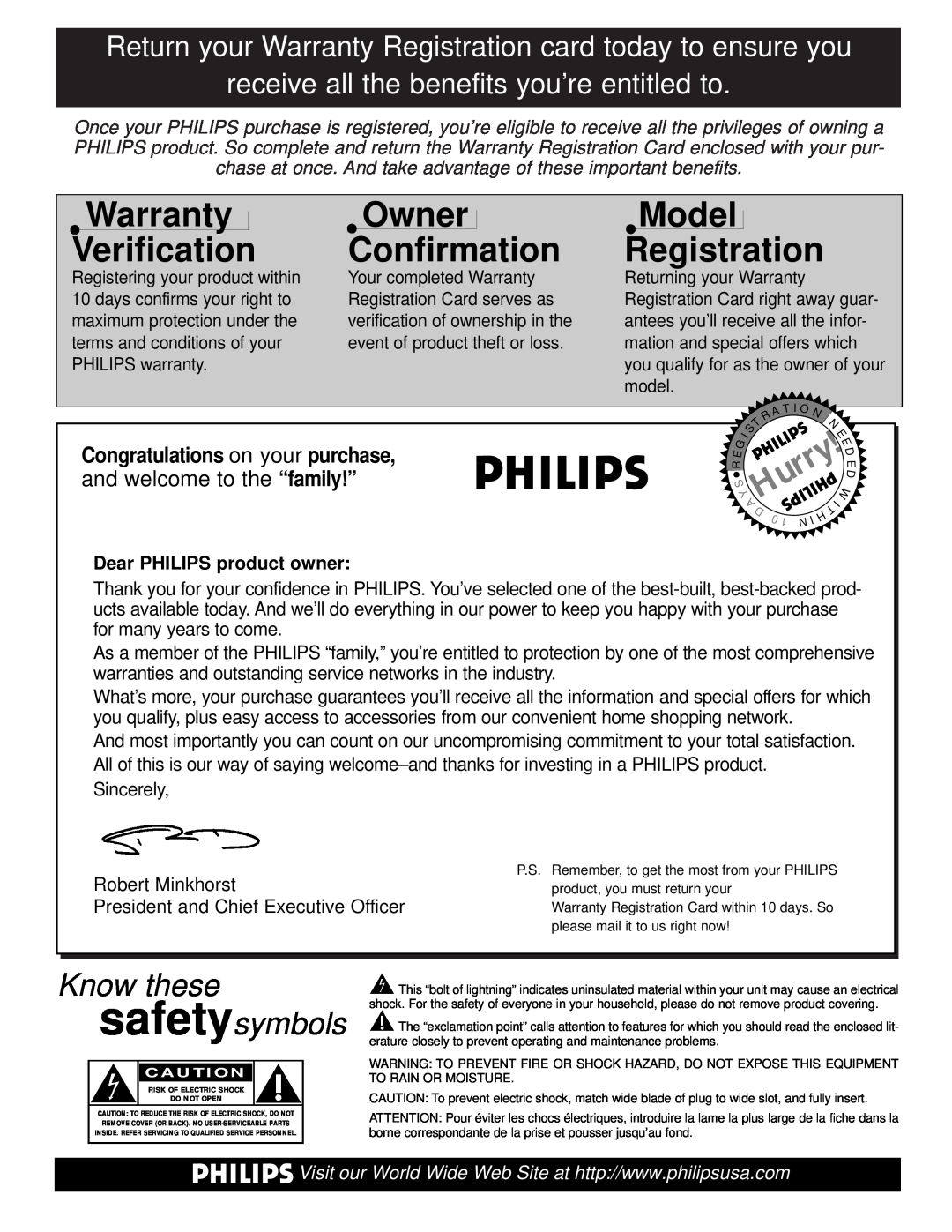 Philips 27PT71B1 Congratulations on your purchase, and welcome to the “family!”, Warranty Verification, Owner Confirmation 