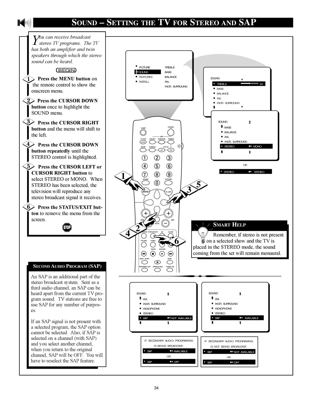 Philips 27PT71B1 manual Sound - Setting The Tv For Stereo And Sap, Press the CURSOR LEFT or 