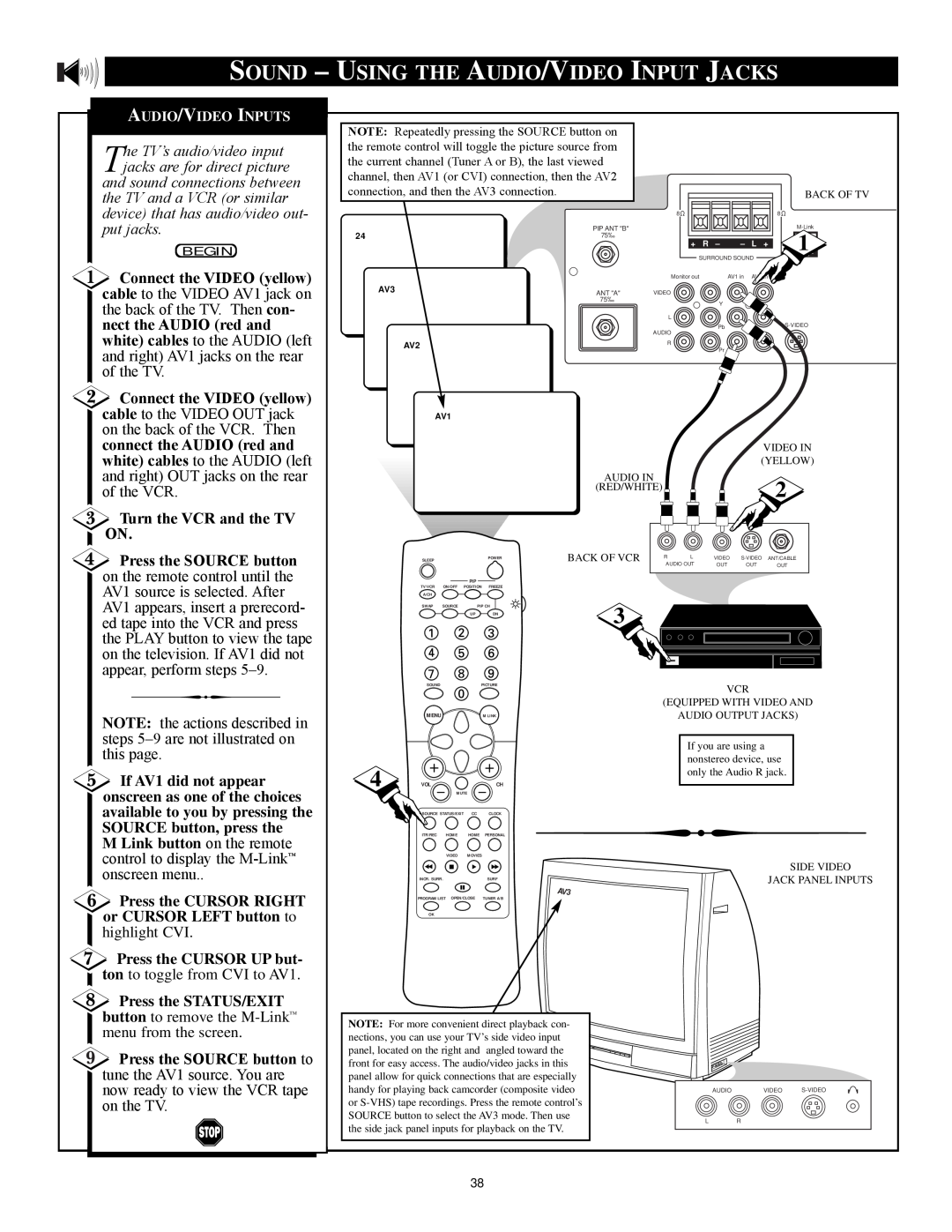 Philips 27PT71B1 manual Sound - Using The Audio/Video Input Jacks, Turn the VCR and the TV ON, Press the SOURCE button 