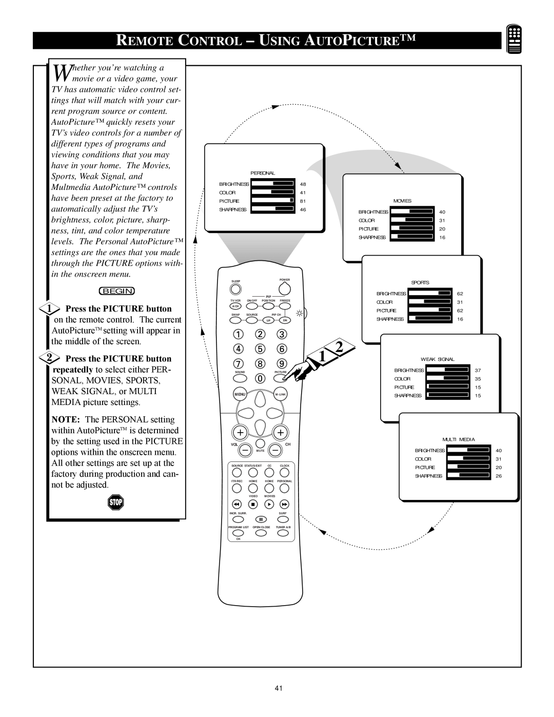 Philips 27PT71B1 manual Remote Control - Using Autopicture, Press the PICTURE button 