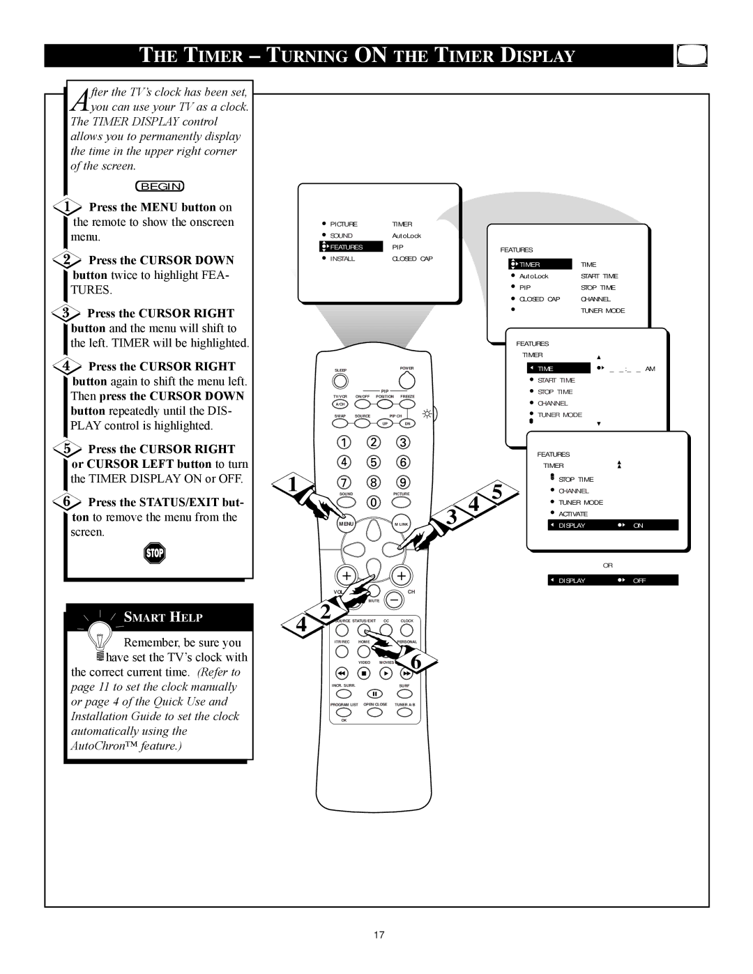 Philips 27PT81S1 manual Timer Turning on the Timer Display, Then press the Cursor Down, Or Cursor Left button to turn 