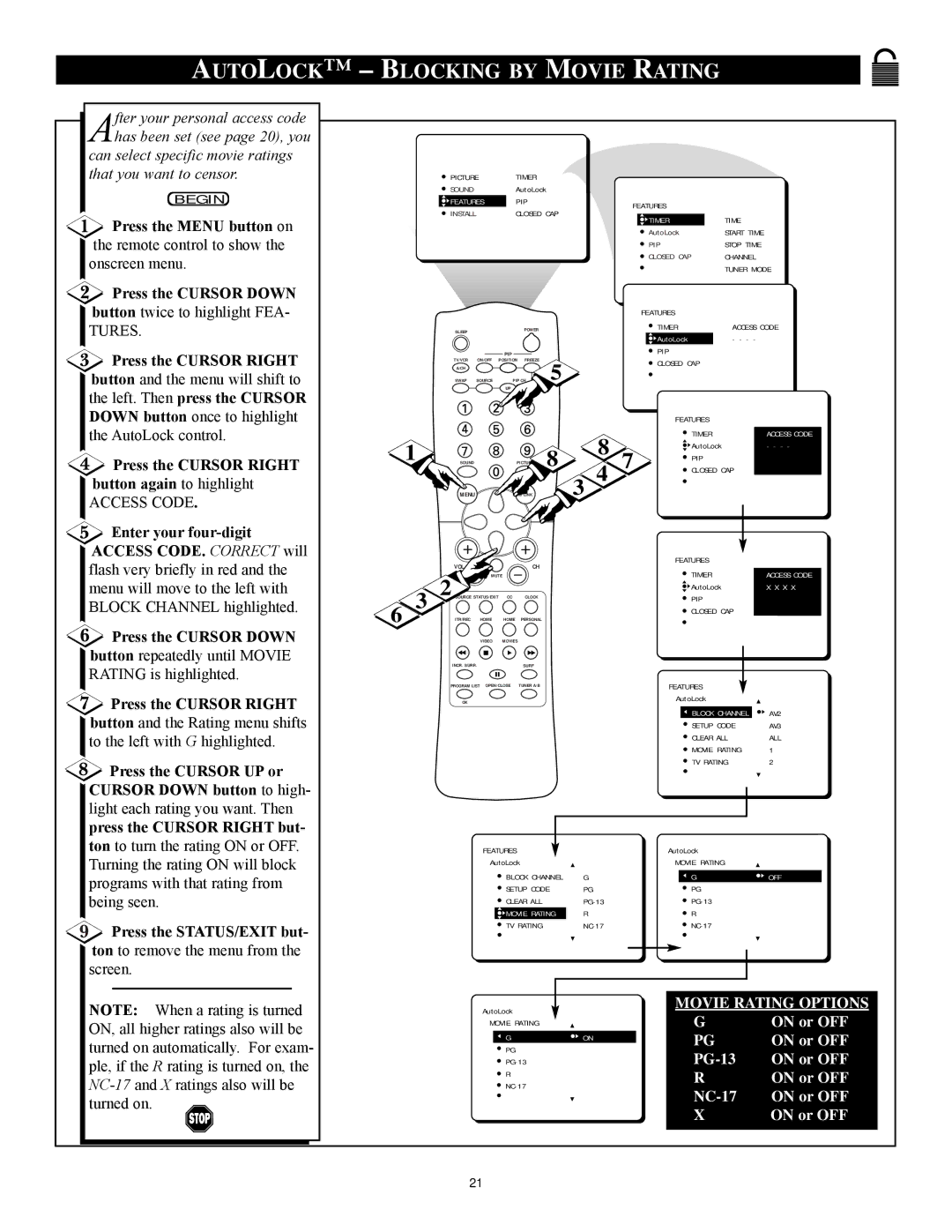 Philips 27PT81S1 manual Auto Lock Blocking by Movie Rating 