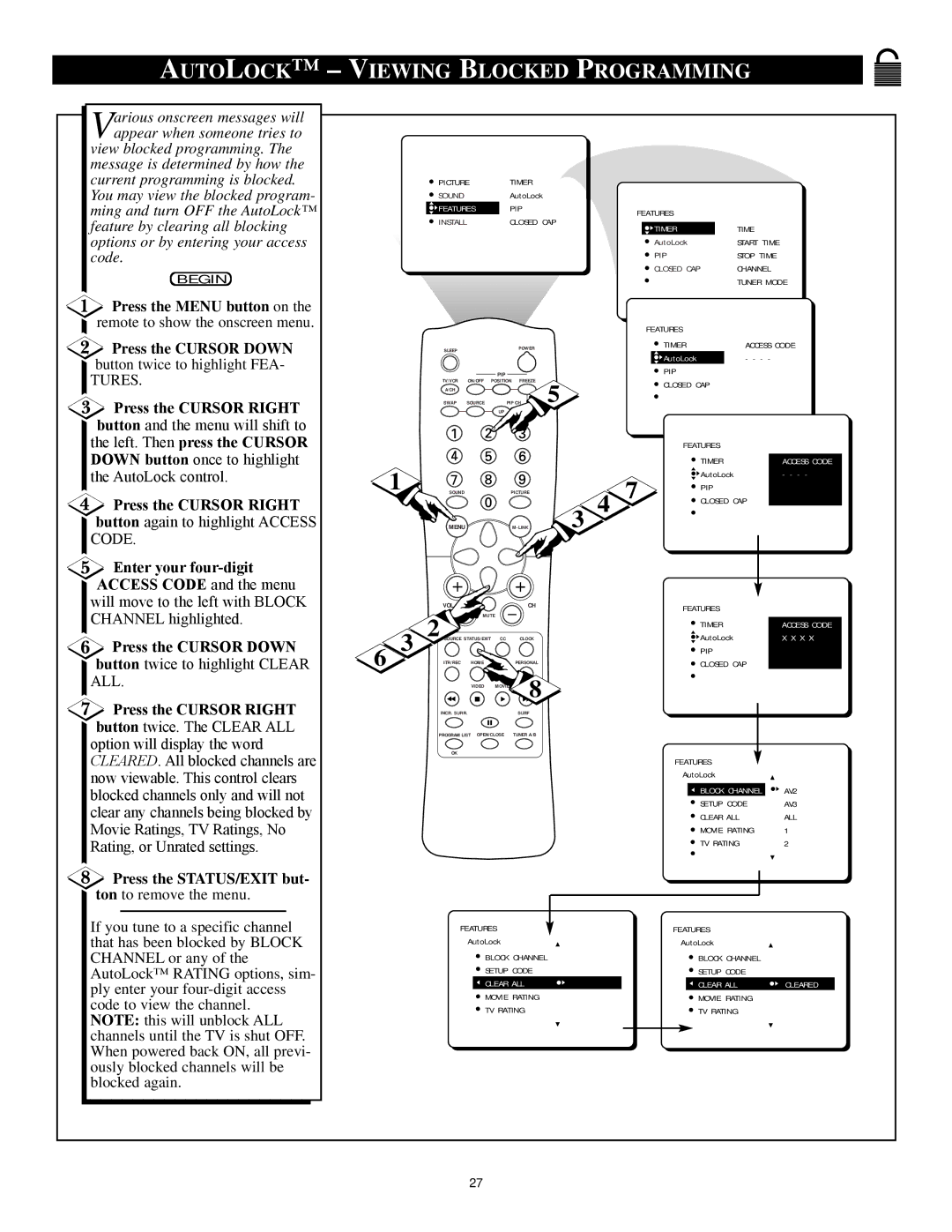 Philips 27PT81S1 manual Auto Lock Viewing Blocked Programming, Enter your four-digit Access Code and the menu 