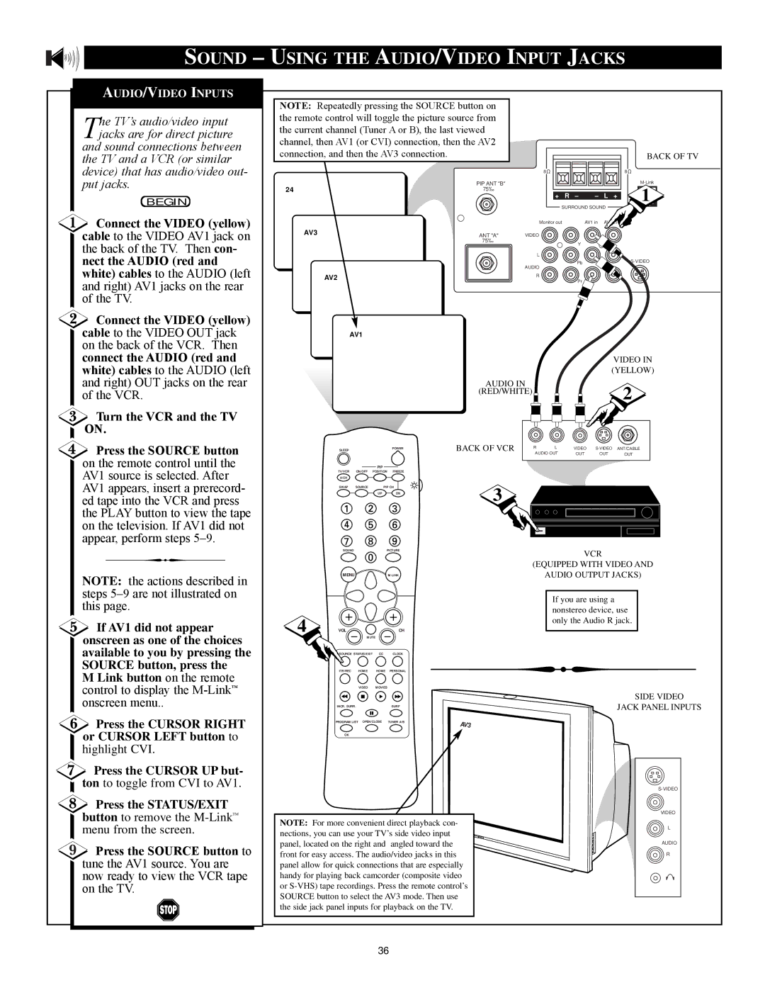 Philips 27PT81S1 manual Sound Using the AUDIO/VIDEO Input Jacks, Press the Source button to 