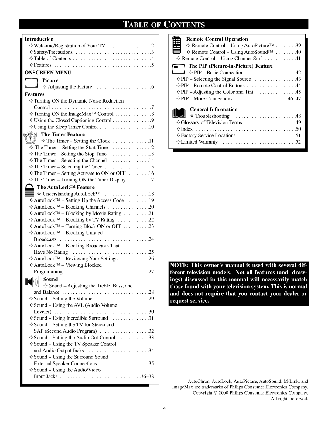 Philips 27PT81S1 manual Table of Contents 