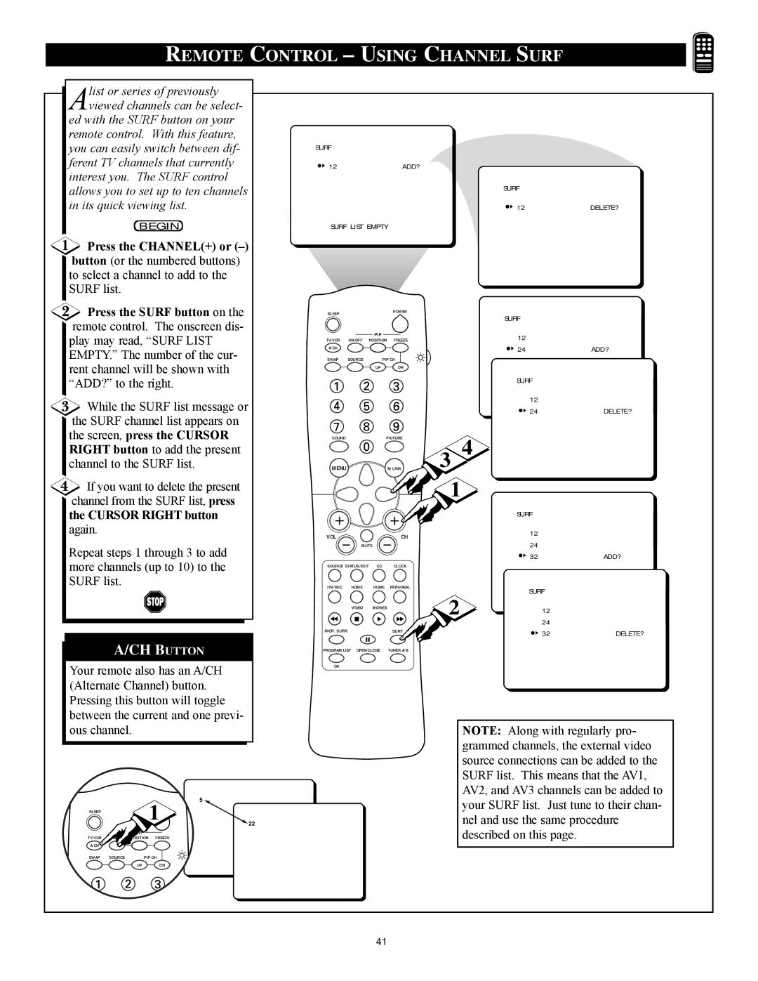 Philips 27PT81S1 Remote Control Using Channel Surf, Press the CHANNEL+ or Ð, Press the Surf button on, Cursor Right button 