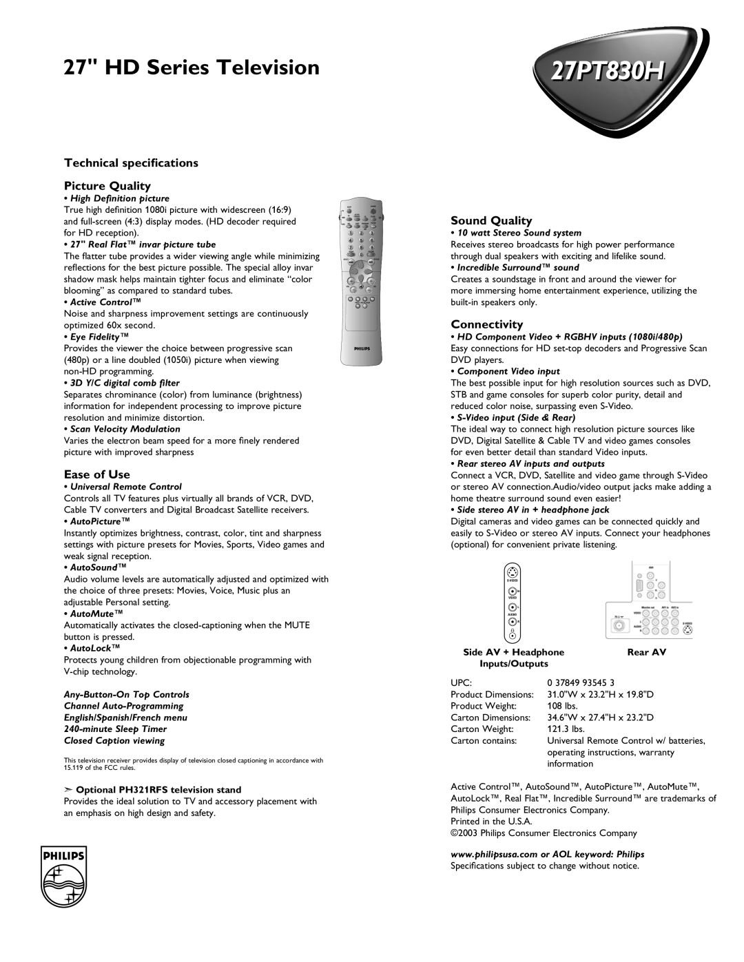 Philips 27PT830H manual Technical speciﬁcations Picture Quality, Ease of Use, Sound Quality, Connectivity 