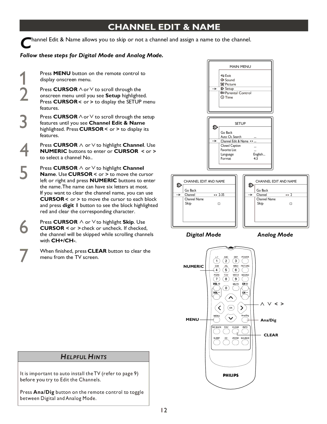 Philips 27PT9007D user manual Channel Edit & Name, Digital Mode Analog Mode 