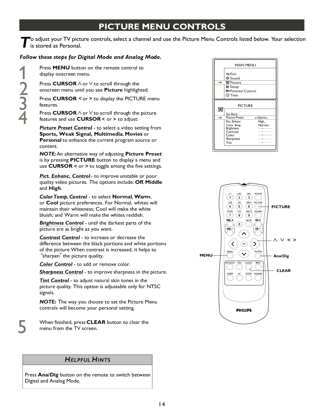 Philips 27PT9007D user manual Picture Menu Controls 