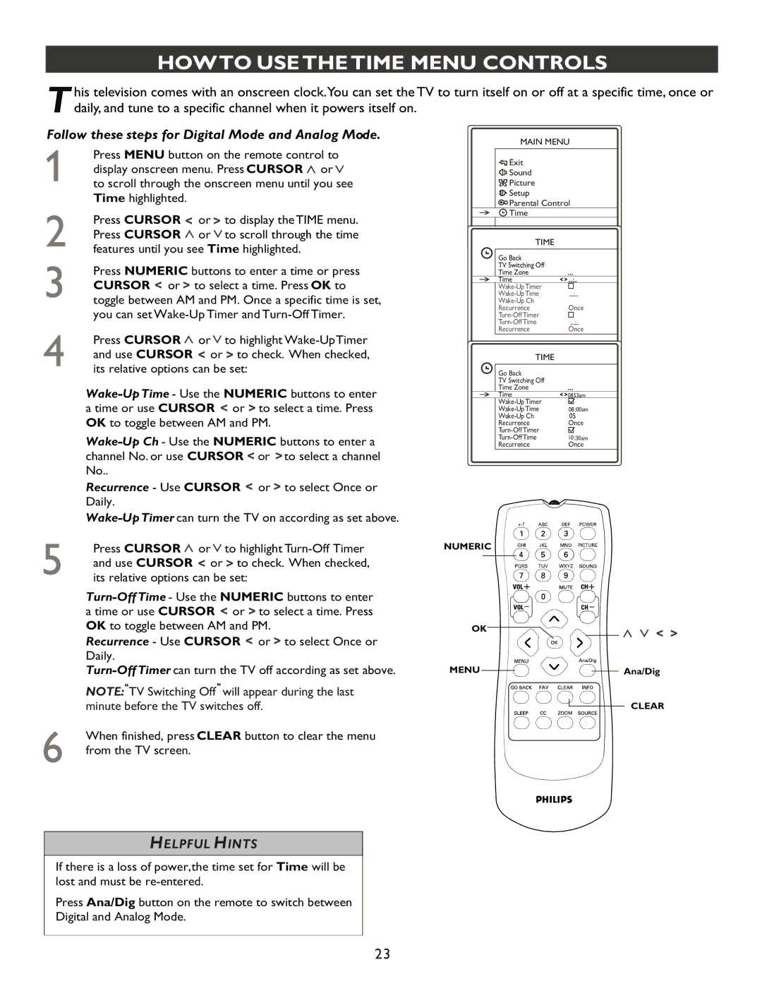 Philips 27PT9007D user manual Howto USE the Time Menu Controls 