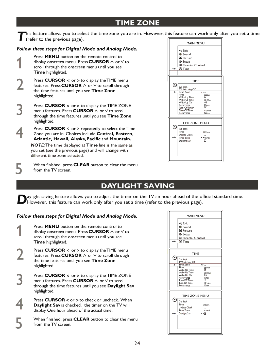 Philips 27PT9007D user manual Time Zone, Daylight Saving 