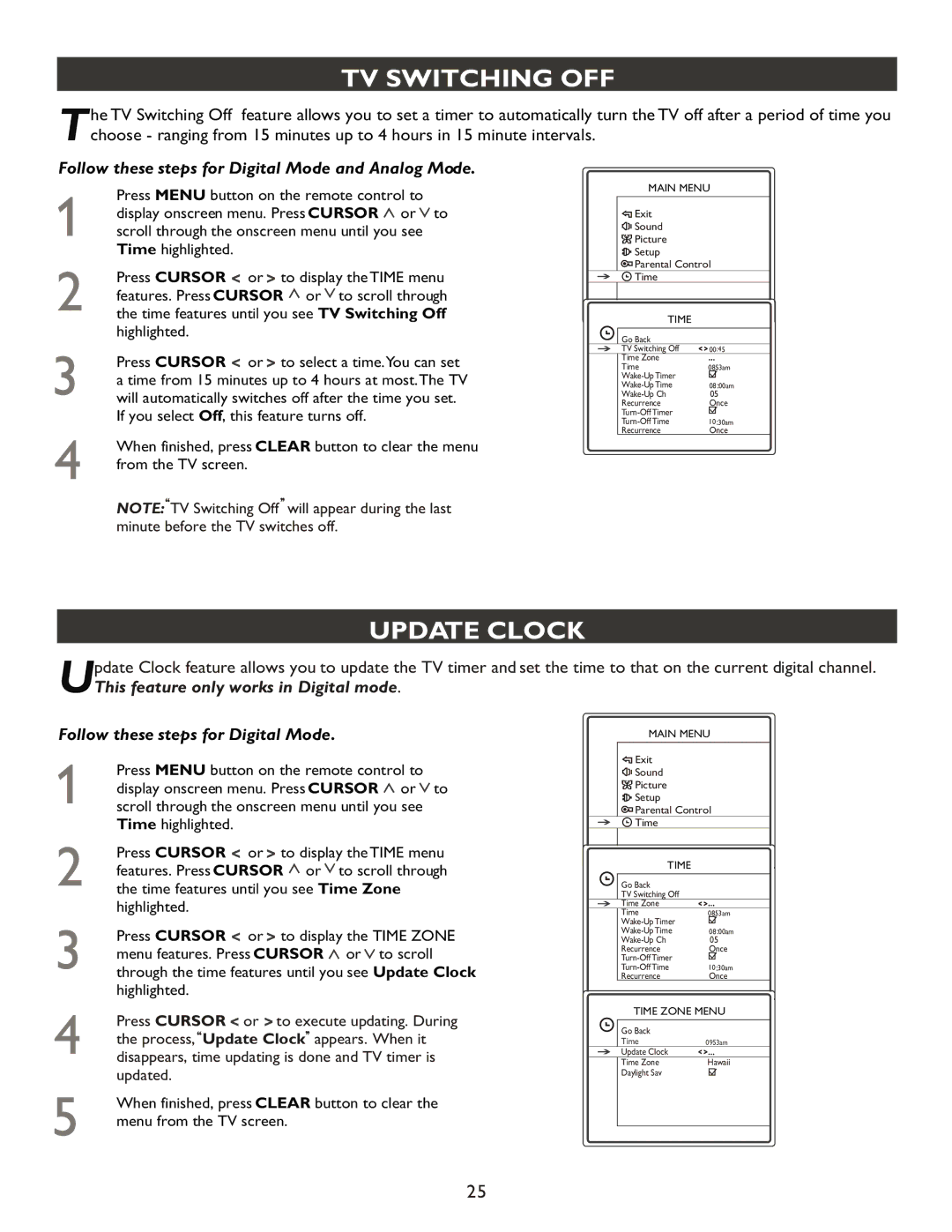 Philips 27PT9007D user manual TV Switching OFF, Update Clock 