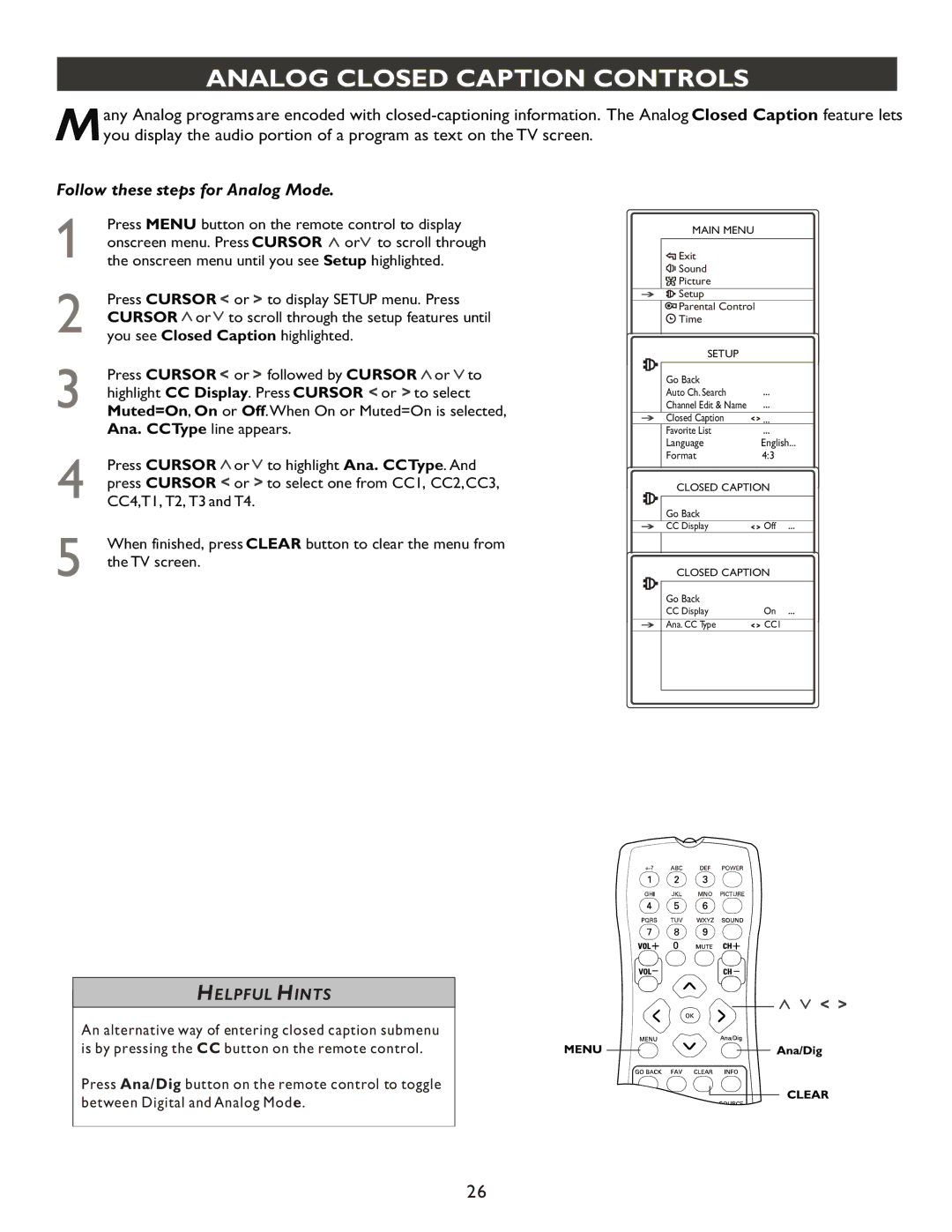 Philips 27PT9007D user manual Analog Closed Caption Controls, Follow these steps for Analog Mode 