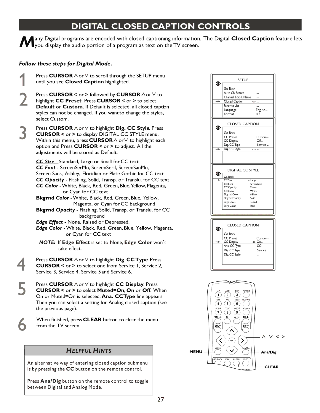 Philips 27PT9007D user manual Digital Closed Caption Controls, Digital CC Style 