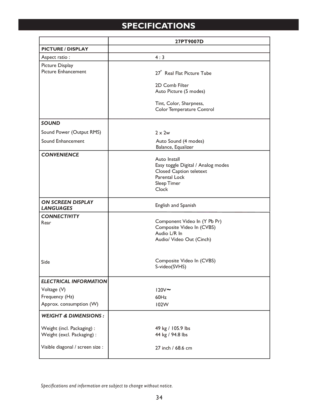 Philips 27PT9007D user manual Specifications, Weight & Dimensions 