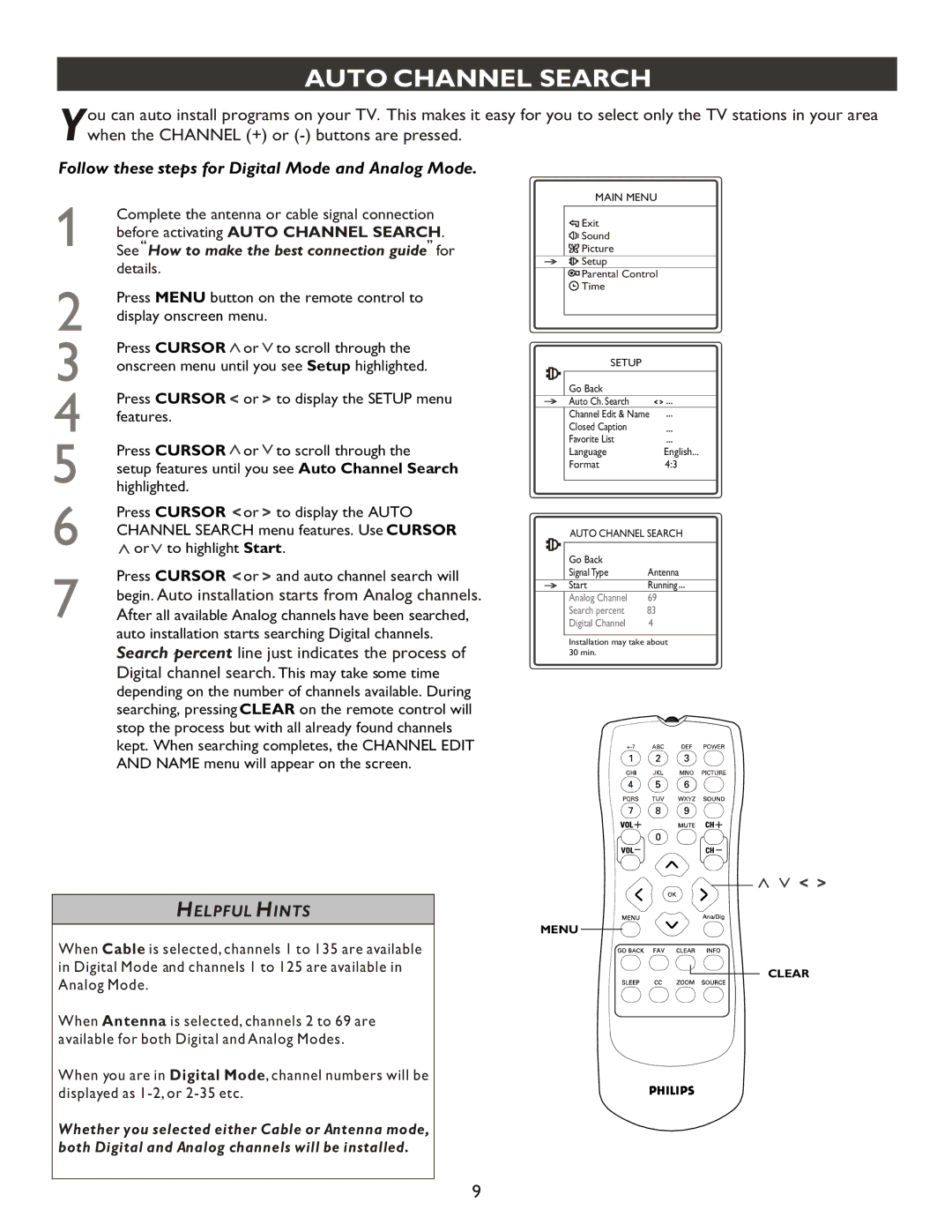 Philips 27PT9007D user manual Auto Channel Search, Follow these steps for Digital Mode and Analog Mode 