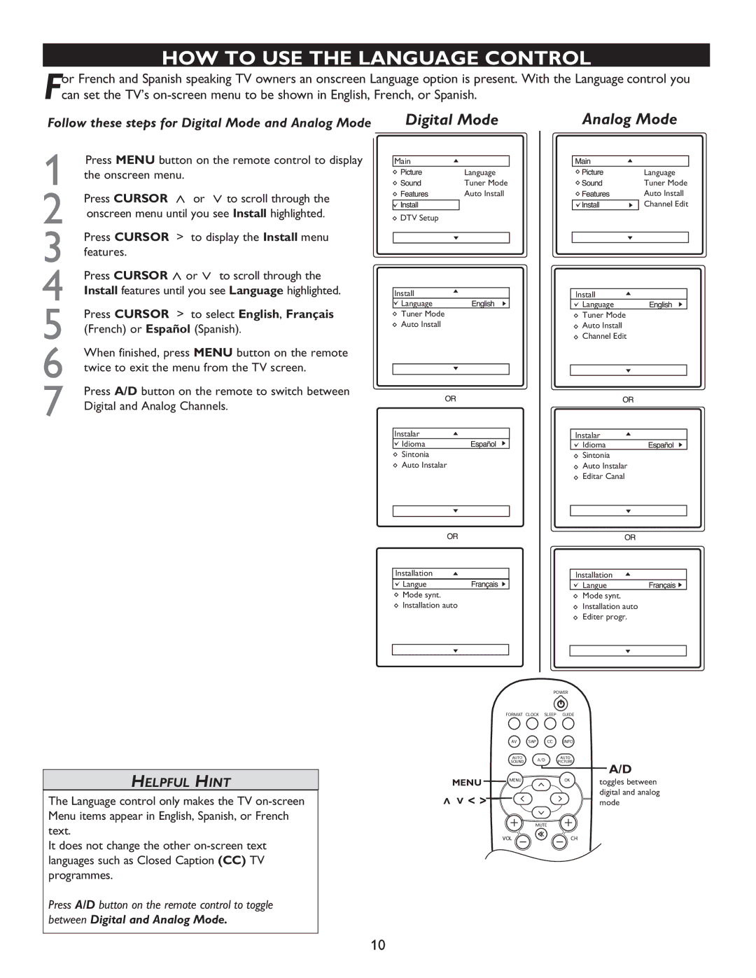 Philips 32PT9005D, 27PT9015D, 32PT7005D user manual HOW to USE the Language Control, Press Cursor to select English, Français 