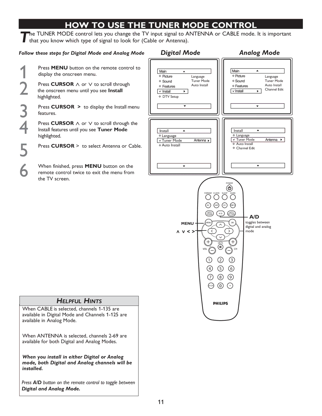 Philips 32PT7005D, 27PT9015D HOW to USE the Tuner Mode Control, Follow these steps for Digital Mode and Analog Mode 