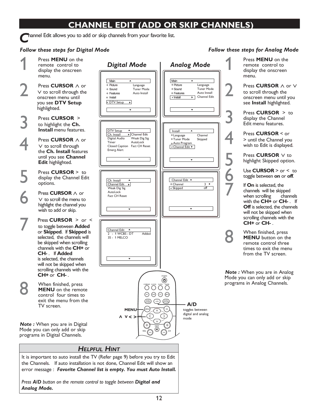 Philips 27PT9015D, 32PT9005D, 32PT7005D user manual Channel Edit ADD or Skip Channels, Follow these steps for Analog Mode 