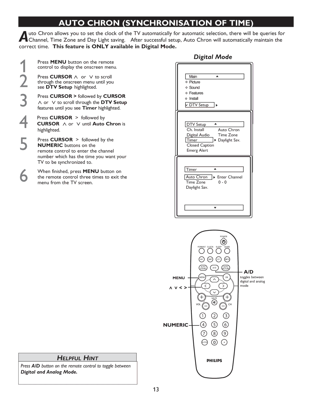 Philips 32PT9005D, 27PT9015D, 32PT7005D user manual Auto Chron Synchronisation of Time, Numeric 4 5 